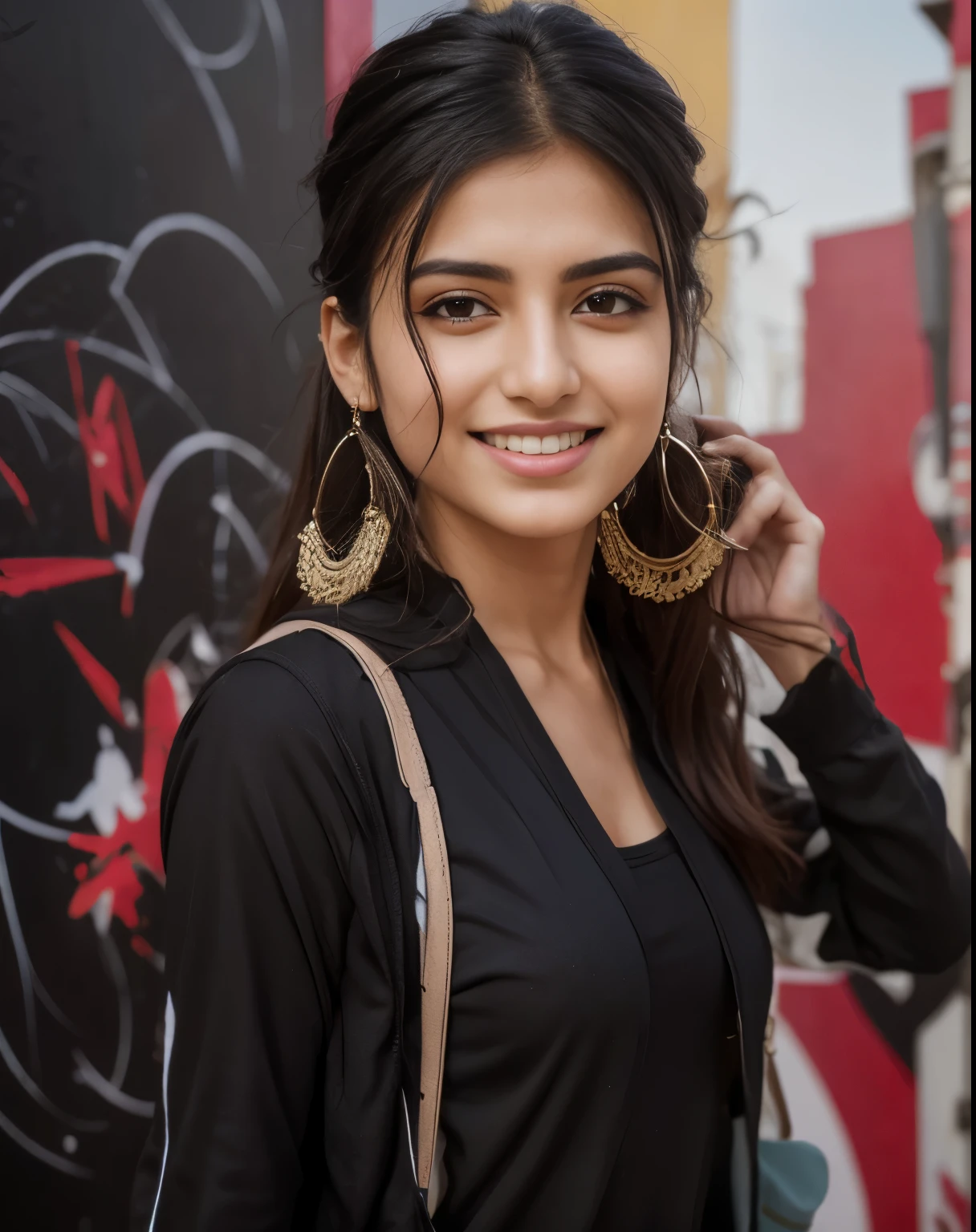 (8K, Ultra high res:1.1) Nasrin, an 18-year-old Iranian girl, poses in front of a vibrant street art mural. She wears a trendy and edgy outfit that showcases her unique style. Nasrin's captivating brown eyes, radiant smile, and flowing dark hair are highlighted in the high-resolution image. The dynamic and colorful street art creates a visually stunning backdrop, capturing Nasrin's artistic expression and her youthful spirit of individuality.