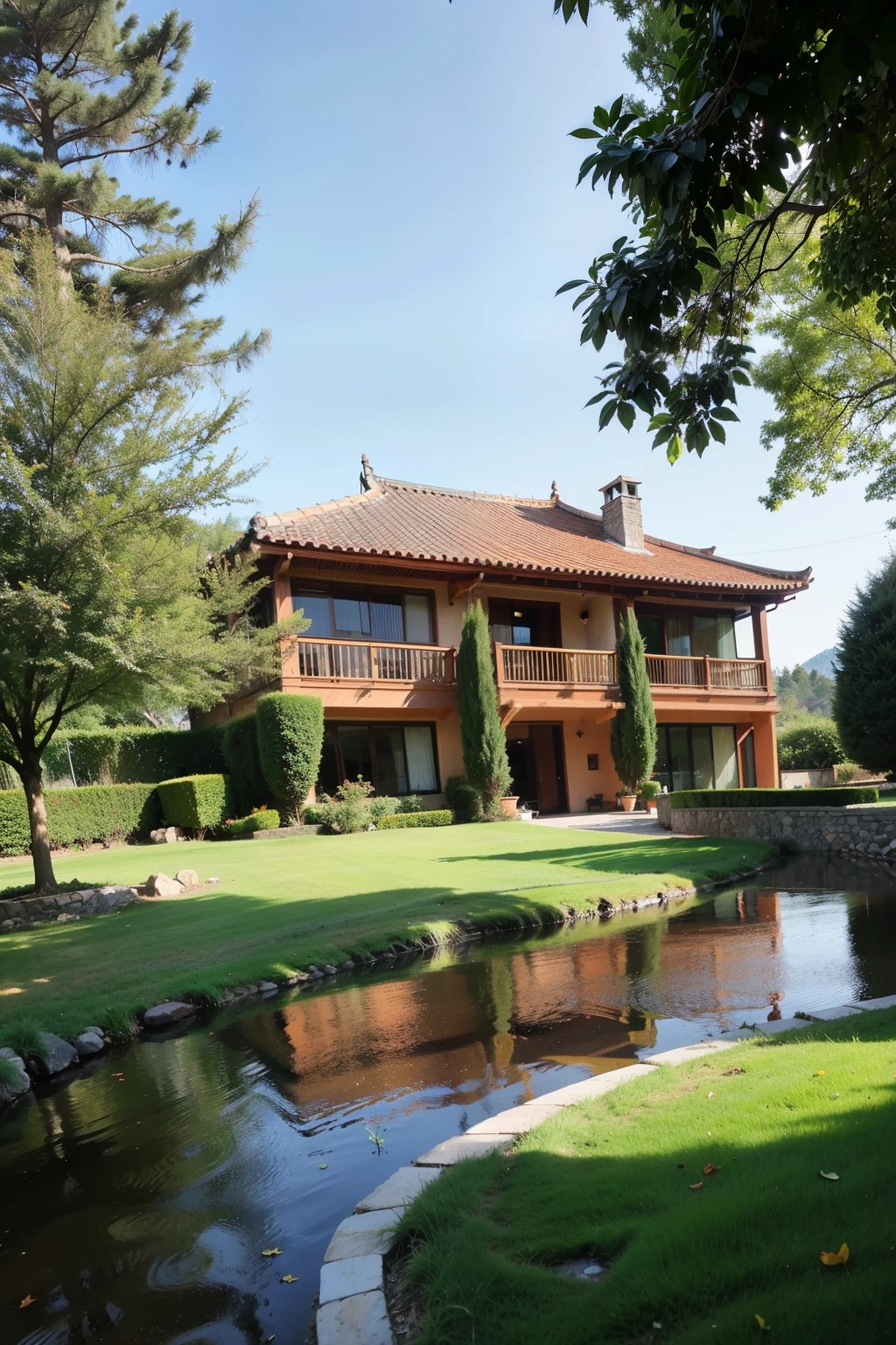 ((best quality)), ((masterpiece)), (detailed), stream,Clear and transparent,green grass,big tree,villa,Bright colors,red tile roof,Transparent glass