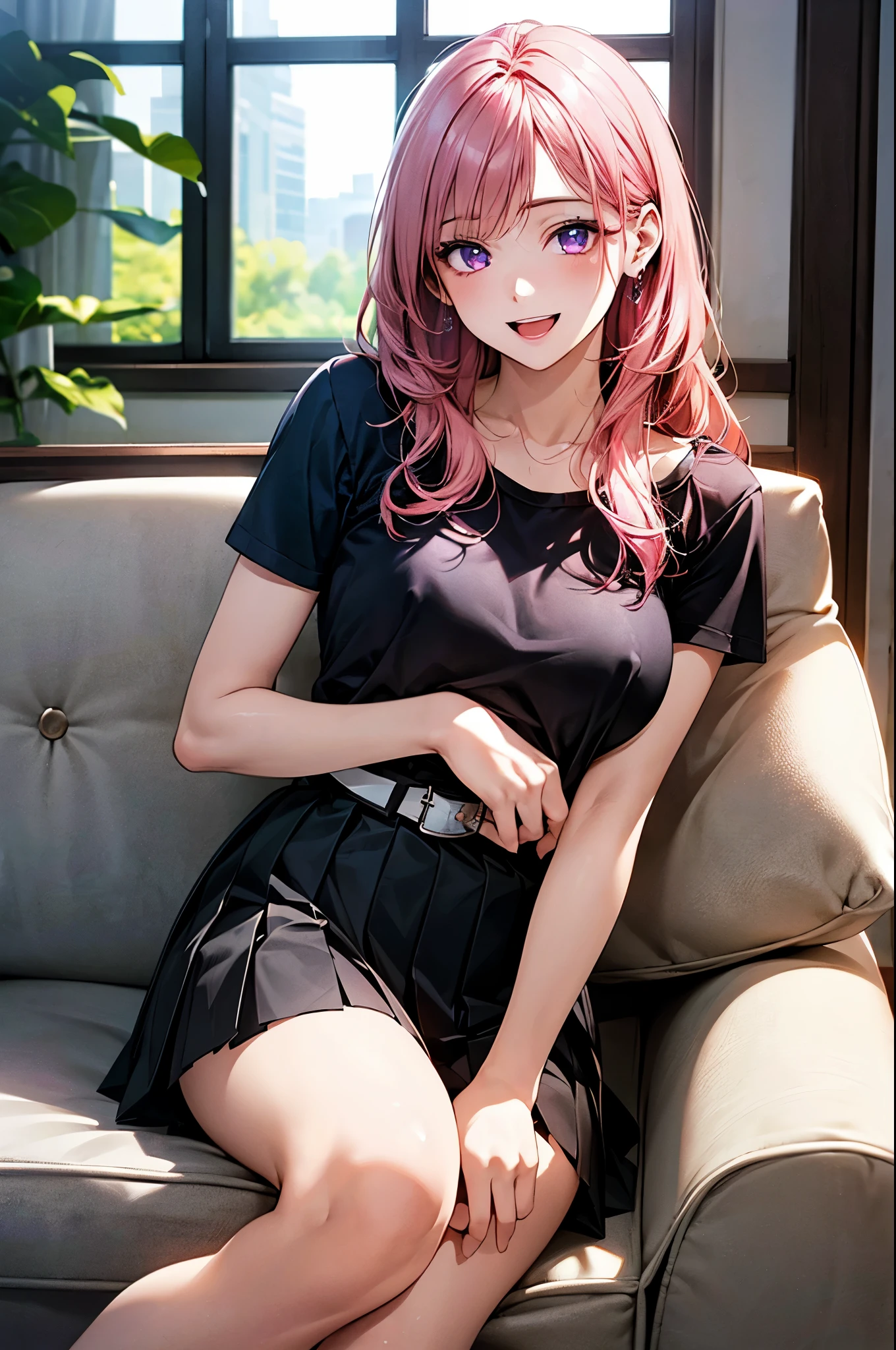 (masterpiece:1.2, top-quality), (realistic, photorealistic:1.2), beautiful illustration, (natural side lighting, movie lighting), , 
looking at viewer, 1 girl, japanese, housewife, 23 years old, perfect face, cute and symmetrical face, shiny skin, 
(long hair:1.5, wavy hair:1.6, pink hair), crossed bangs, purple eyes, long eye lasher, (large breasts), nipple hardening, slender, 
beautiful hair, beautiful face, beautiful detailed eyes, beautiful clavicle, beautiful body, beautiful chest, beautiful thigh, beautiful legs, beautiful fingers, 
((black u-neck t-shirts, black box pleated skirt with belt)), 
(beautiful scenery), evening, (living room), sitting sofa, (happy smile, open mouth small), 
