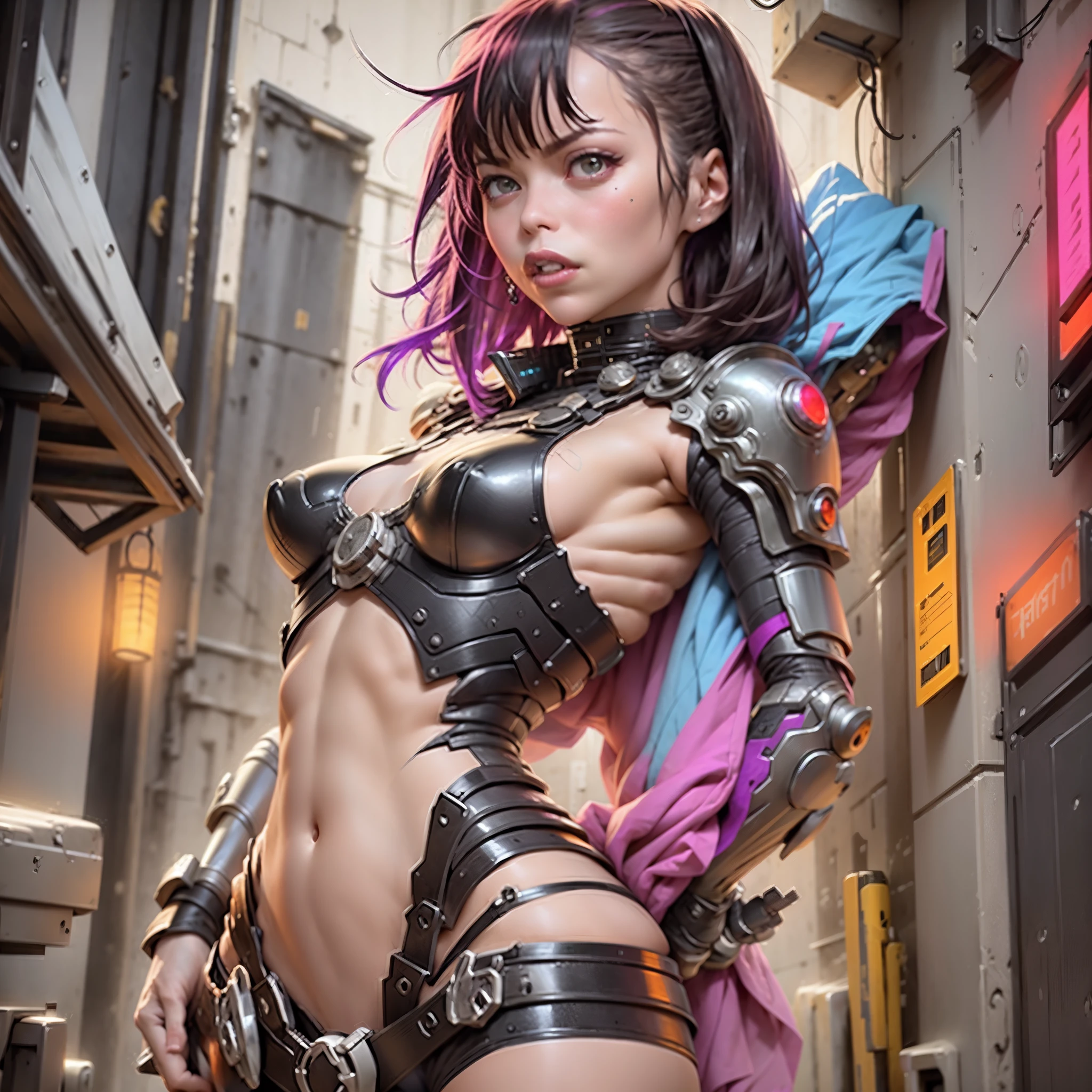 Beautiful woman, cyberpunk, cyborg, loose hair, short shoulder-length hair, angry eyes, strong figure, straight chest, open arms, raised forearms, perfectly proportioned, bare waist, torn leather clothing, Tenchan