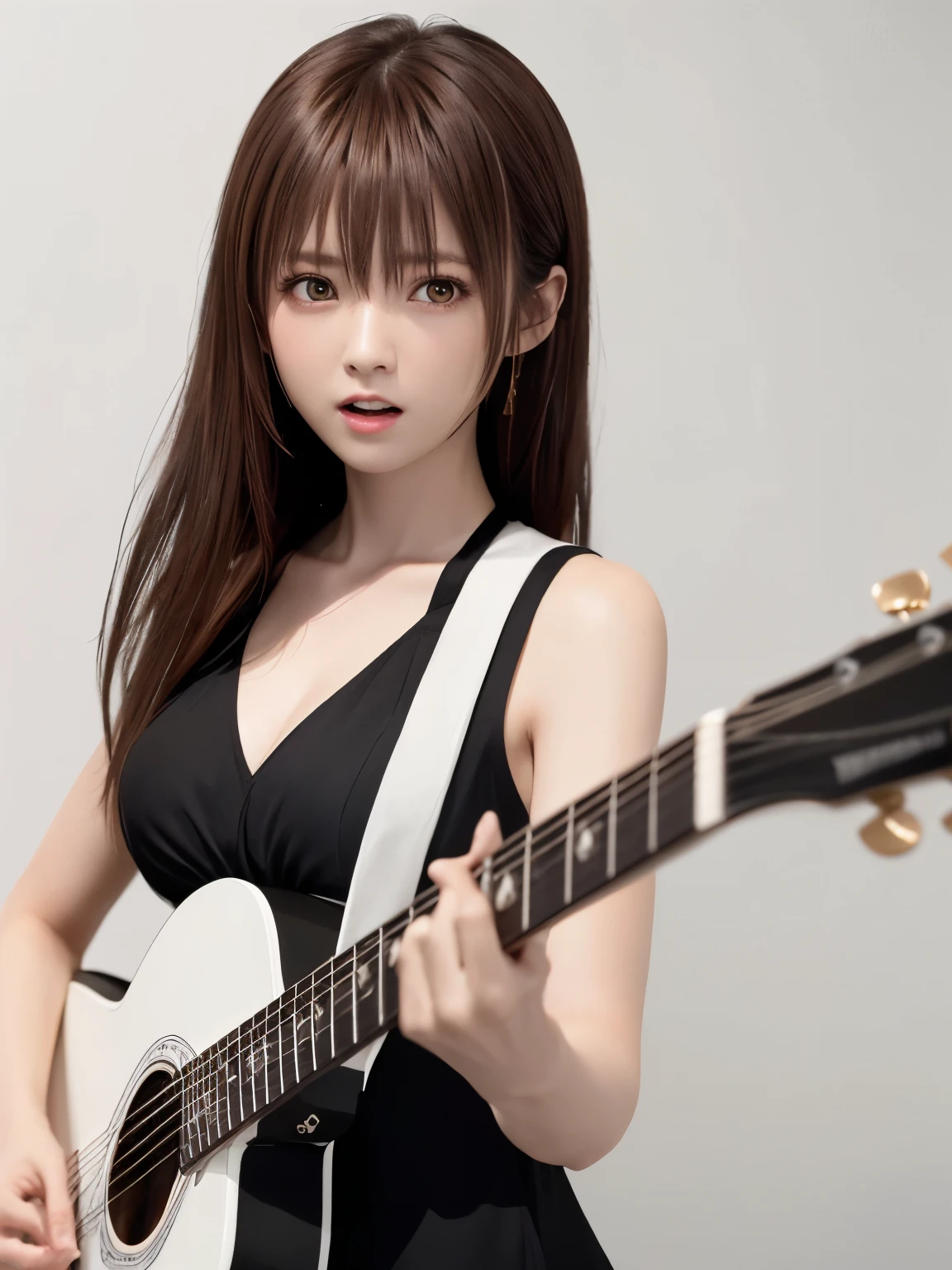 (((best image quality、8k、Beautiful woman、Pure white wall background)))、guitarist、playing the guitar、long hair woman、black hair、angry look、wearing a black dress、