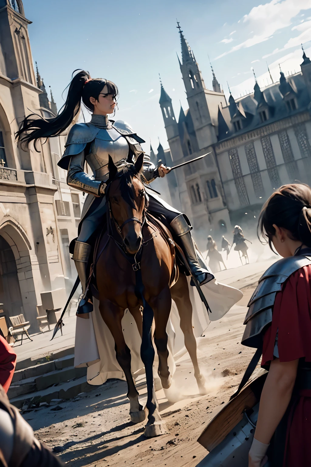 ((wide angle shot of the Hundred Years' War in France)), a beautiful woman, black hair in a ponytail, bangs, wearing glasses, wearing Jeanne d'Arc armor