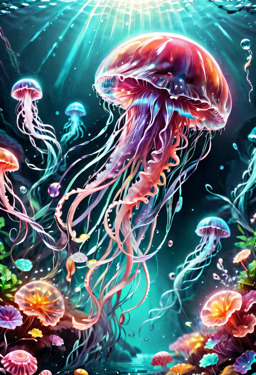 a jellyfish,bright colors,Made from jelly,swimming in soda sea,Candy-themed life,Sparkling scales,translucent body,delicate tentacles,Bright Eyes,lively movements,A rainbow-colored glow,The sweet smell of soda water,Delicious candy plants,dripping syrup,mint coral,bubblegum rock,Stunning underwater scenes,A playful and energetic atmosphere,whimsical,Refracted light creates fantastic patterns,Sunlight filtering through the sparkling sea,Surface sparkles due to reflection,A fascinating and surreal journey.