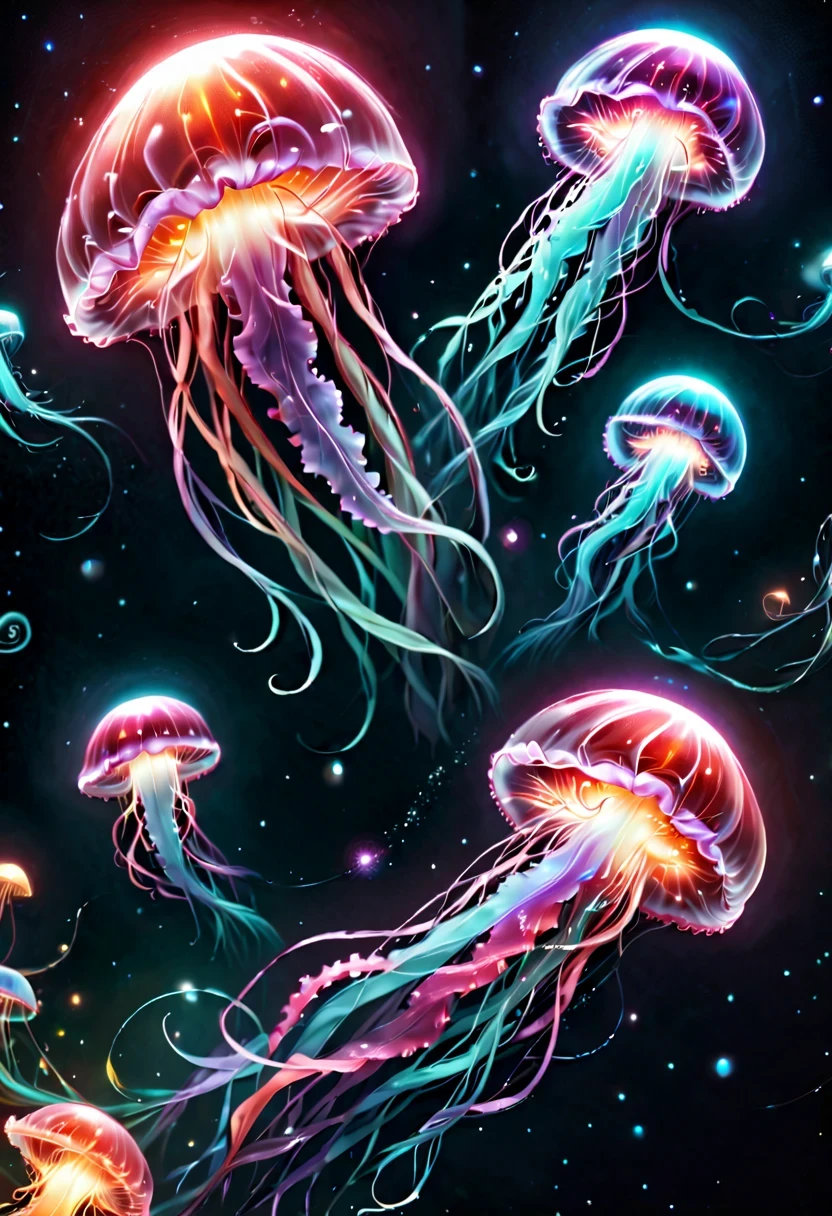 Draw a translucent jellyfish swimming in the sea of stars,the art of mathematics,fantasy,beautiful星雲の背景,rich and colorful,rich and rich and colorfulな呪文を唱える,flash,とてもflash,さらにflash,A faintly glowing jellyfish,light from below,beautiful光と影,magic,like a dream,inspiration,pleura,beautiful,rendering,rich and rich and colorful,wonderful,light particles,familiar,masterpiece,最高masterpiece,Art works that use light,artistic,familiar