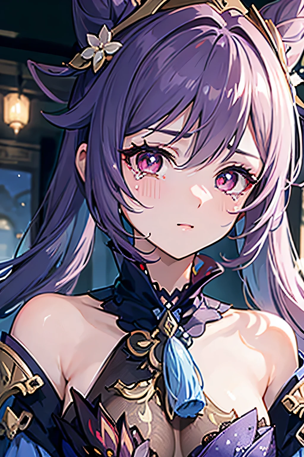((masterpiece:1.4, best quality)), purple hair, night,bedroom, laying on bed, 1girl, keqing \(genshin impact\), bikini,