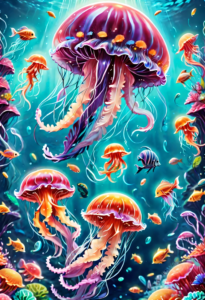 a painting of a jellyfish surrounded by many different fish, hamburger mix jellyfish, tropical marine life, jellyfishes, Colorful fish, jellyfishes, jewel fishes, jellyfish, underwater life, underwater world, jellyfish temple, incredible depth, at the bottom of the sea, Lisa Frank, amazing depth, Jelly like the sea, jellyfish dancing, marine life, neon jellyfish, jellyfish
