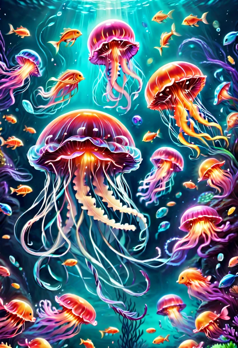 a painting of a jellyfish surrounded by many different fish, hamburger mix jellyfish, tropical marine life, jellyfishes, Colorful fish, jellyfishes, jewel fishes, jellyfish, underwater life, underwater world, jellyfish temple, incredible depth, at the bottom of the sea, Lisa Frank, amazing depth, Jelly like the sea, jellyfish dancing, marine life, neon jellyfish, jellyfish