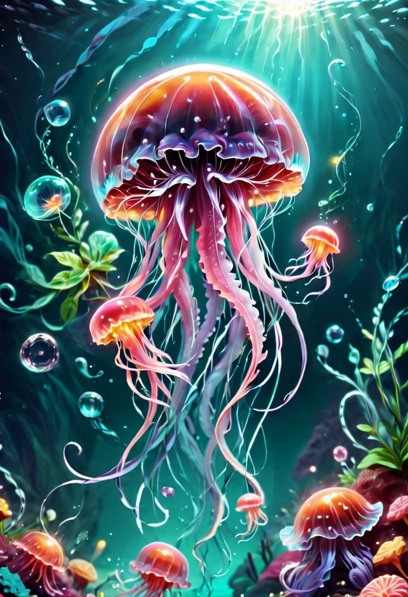 a jellyfish,bright colors,Made from jelly,swimming in soda sea,Candy-themed life,Sparkling scales,translucent body,delicate tentacles,Bright Eyes,lively movements,A rainbow-colored glow,The sweet smell of soda water,Delicious candy plants,dripping syrup,mint coral,bubblegum rock,Stunning underwater scenes,A playful and energetic atmosphere,whimsical,Refracted light creates fantastic patterns,Sunlight filtering through the sparkling sea,Surface sparkles due to reflection,A fascinating and surreal journey.