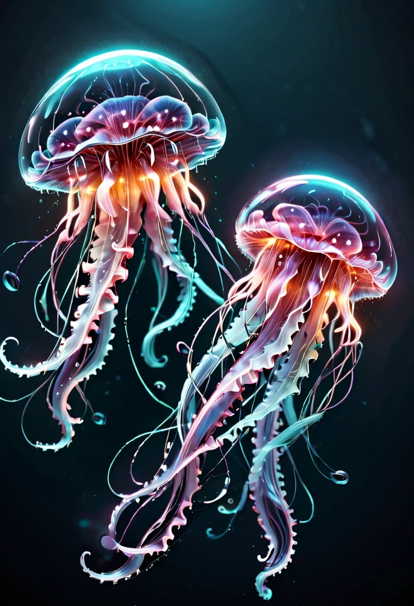 Detailed and authentic artwork，Depicts a cute and delicate biomechanical style jellyfish. every detail, From complex transparent casings to sophisticated internal mechanical components, Captured with extreme precision. Textures are very realistic，You can almost feel the smooth surface of its carapace，intricate patterns on joints. Lighting is carefully designed，Enhance visual effects