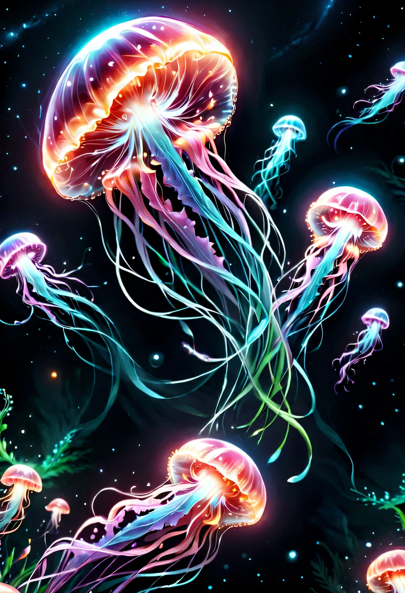 Draw a translucent jellyfish swimming in the sea of stars,the art of mathematics,fantasy,beautiful星雲の背景,rich and colorful,rich and rich and colorfulな呪文を唱える,flash,とてもflash,さらにflash,A faintly glowing jellyfish,light from below,beautiful光と影,magic,like a dream,inspiration,pleura,beautiful,rendering,rich and rich and colorful,wonderful,light particles,familiar,masterpiece,最高masterpiece,Art works that use light,artistic,familiar