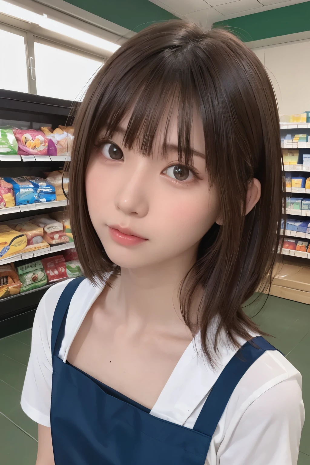 one girl, (a beauty girl, delicate girl:1.3), (, :1.3),ちょっと笑顔
break, (shirt, green apron, family mart:1.3), panties,
break, extremely fine-grained clarity, (symmetrical eyes:1.3),
break, (Inside a convenience store:1.3), perfectly trimmed fingers,
break, small breasts, brown eyes, parted bangs, brown hair, girl,
break, (Eye and face details:1.0),
break, (masterpiece, highest quality, super detailed, detailed face, 8k)