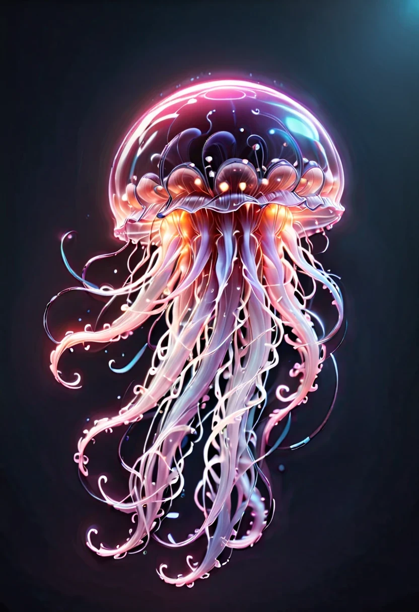 Detailed and authentic artwork，Depicts a cute and delicate biomechanical style jellyfish. every detail, From complex transparent casings to sophisticated internal mechanical components, Captured with extreme precision. Textures are very realistic，You can almost feel the smooth surface of its carapace，intricate patterns on joints. Lighting is carefully designed，Enhance visual effects