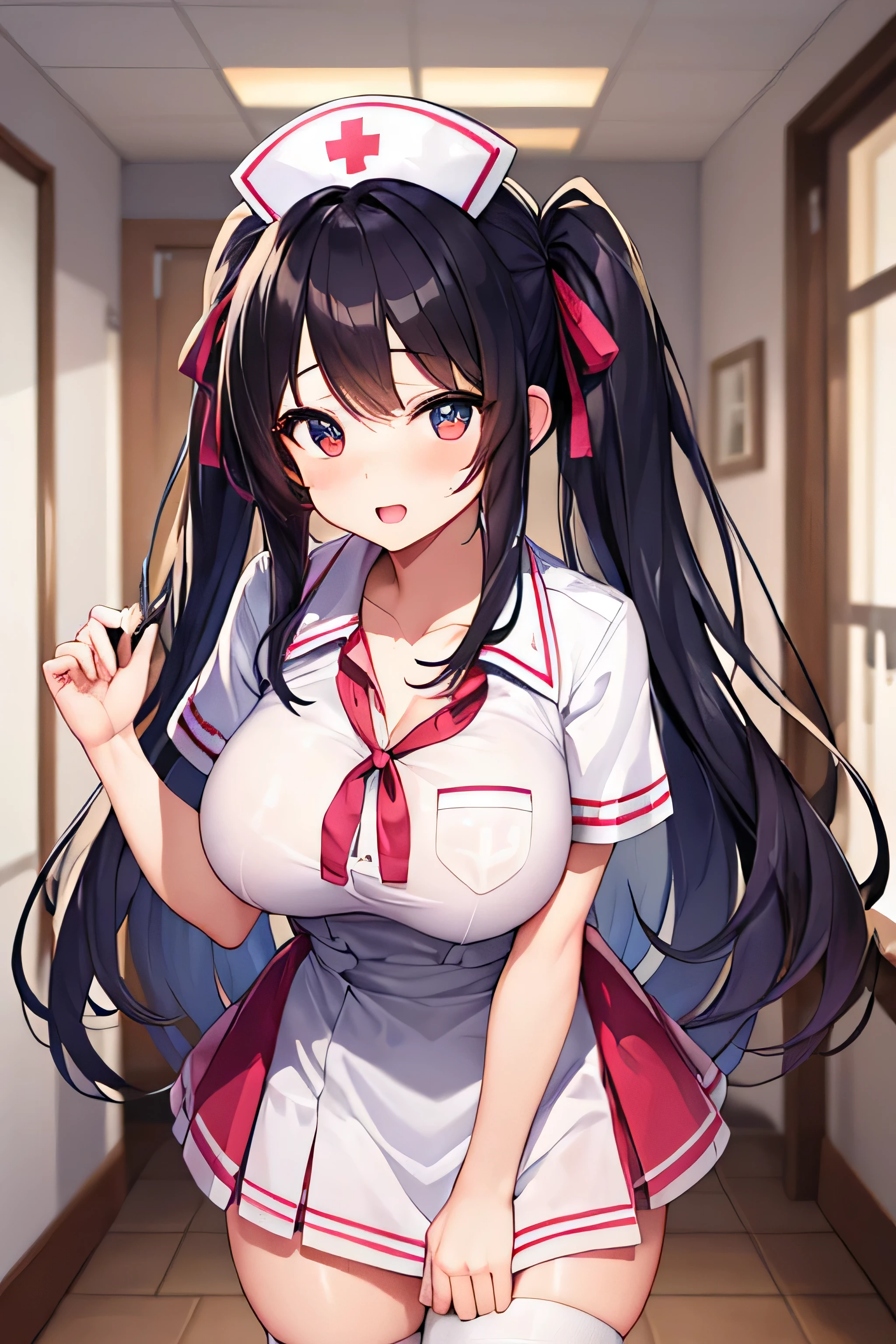 masterpiece、best image quality、ultra high resolution、girl with big tits、twin tail hairstyle、black hair、red face、shyly、mock、Open your mouth just a little、A short-sleeved nurse uniform that shows the cleavage of a teenage 、White thigh-high socks for teenage schshaped lower body、Inside the hospital