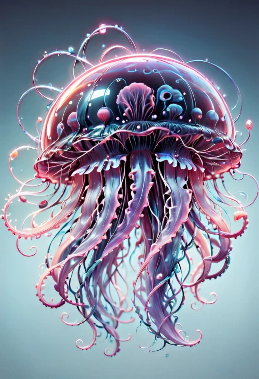 Detailed and authentic artwork,Depicts a cute and delicate biomechanical style jellyfish. every detail, From complex transparent casings to sophisticated internal mechanical components, Captured with extreme precision. Textures are very realistic,You can almost feel the smooth surface of its carapace,intricate patterns on joints. Lighting is carefully designed,Enhance visual effects