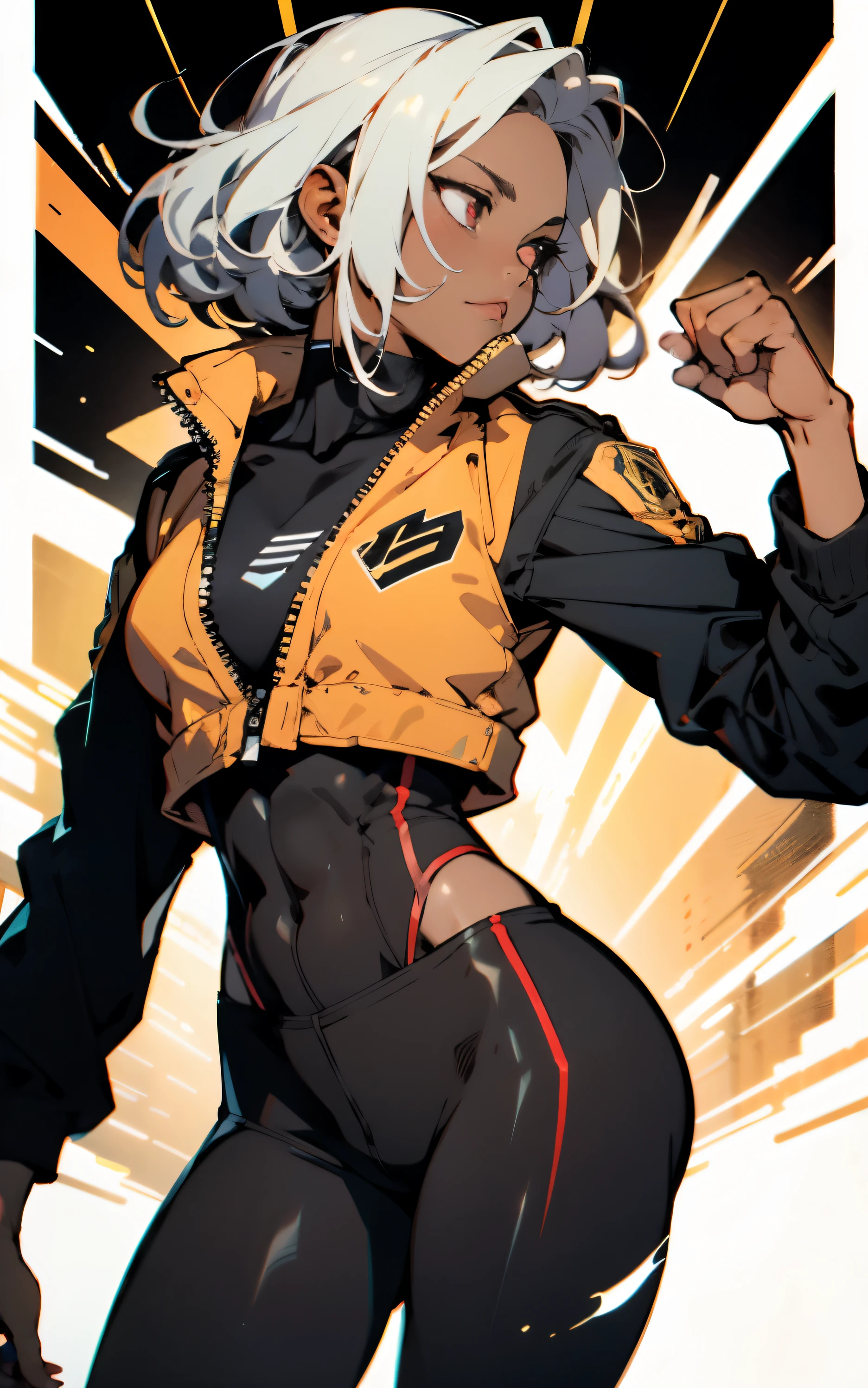 (((Femme noire musclee))), ((best quality)), ((dessus de la table)), (detailed: 1.4), (Absurde), 35 year old adult woman wearing a Simon Bisley style micro thong, Vêtements de style néon Genesis Evangelion, 2 piece clothes, Long cheveux blancs, tatouage sur le bras, cybernetic hands, pastel, center, scale for s&#39;adapter aux dimensions, nffsw (Plage dynamique élevée),Laser trace,NVIDIA RTX,Hyper-resolution,Unreal 5,Dispersion souterraine,  Texture PBR, Post-traitement, Filtrage d&#39;anisotropie, profondeur de champs, Maximum clarity and sharpness, Textures multicouches, Cartes d&#39;albedo and specular, Ombrage des surfaces, Precise simulation of interactions between the light and the materials, Des proportions parfaites, rendu d&#39;octane, Two-tone lighting, Grande ouverture, ISO faible, Balance des blancs, rule of thirds, 8K RAW, crysisnanosuit,loraeyes,je n&#39;ai pas écrit,haleteryhose,les yeux rouges, Veste jaune, Abdos, muscle, haleter, muscle, haleters, Abdos, Femme noire musclee dans des vêtements moulants, cheveux blancs, tight Veste jaune, les yeux rouges, black cargo haleter, AB XCouverture, croquis au crayon complexe, yeux, nez et bouche expressifs, Un-Zoom, par Jim Lee profil center Visuel clé complexe très detailed à couper le souffle précis linéaire vibrant panoramique cinématique, lutte, pose dynamique, fond blanc  