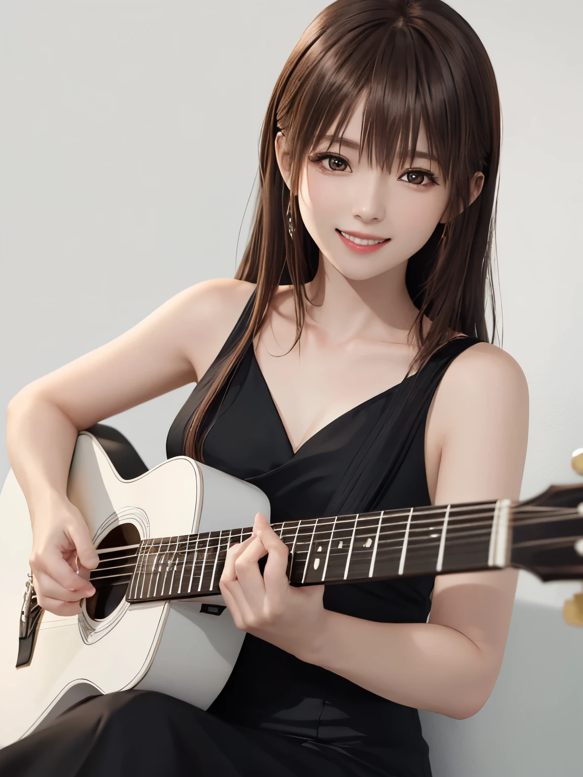 (((best image quality、8k、Beautiful woman、Pure white wall background)))、guitarist、playing the guitar、long hair woman、black hair、smile、wearing a black dress、