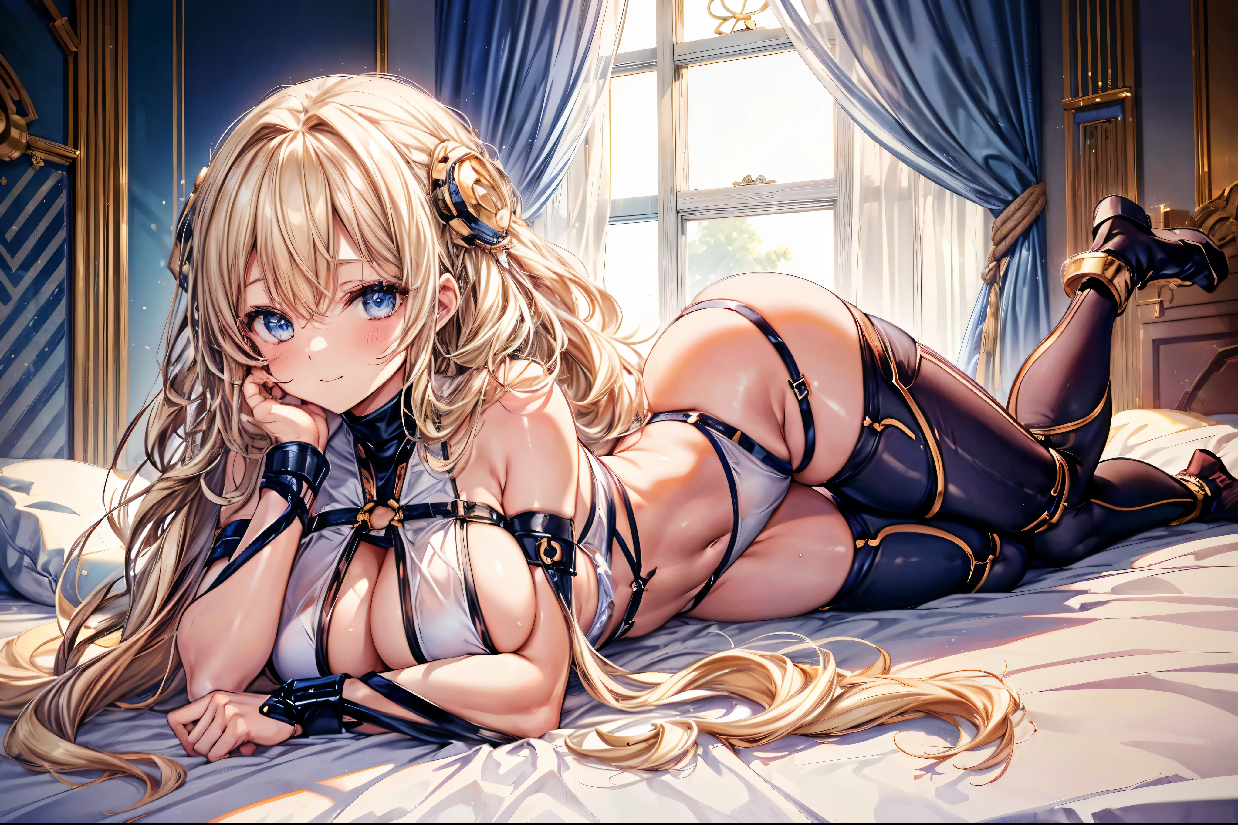 (((1 female、alone)))、sensual, ((long wavy blonde hair)), thick thighs, (8k, 4k, highest quality, High resolution:1.2), cute anime face, noise reduction, shining blue eyes, gentle smile, kind eyes、toned abdominal muscles, muscular arms, muscular legs,  young face, anime eyes, big breasts、(((bondage style)))、(((lying in bed)))