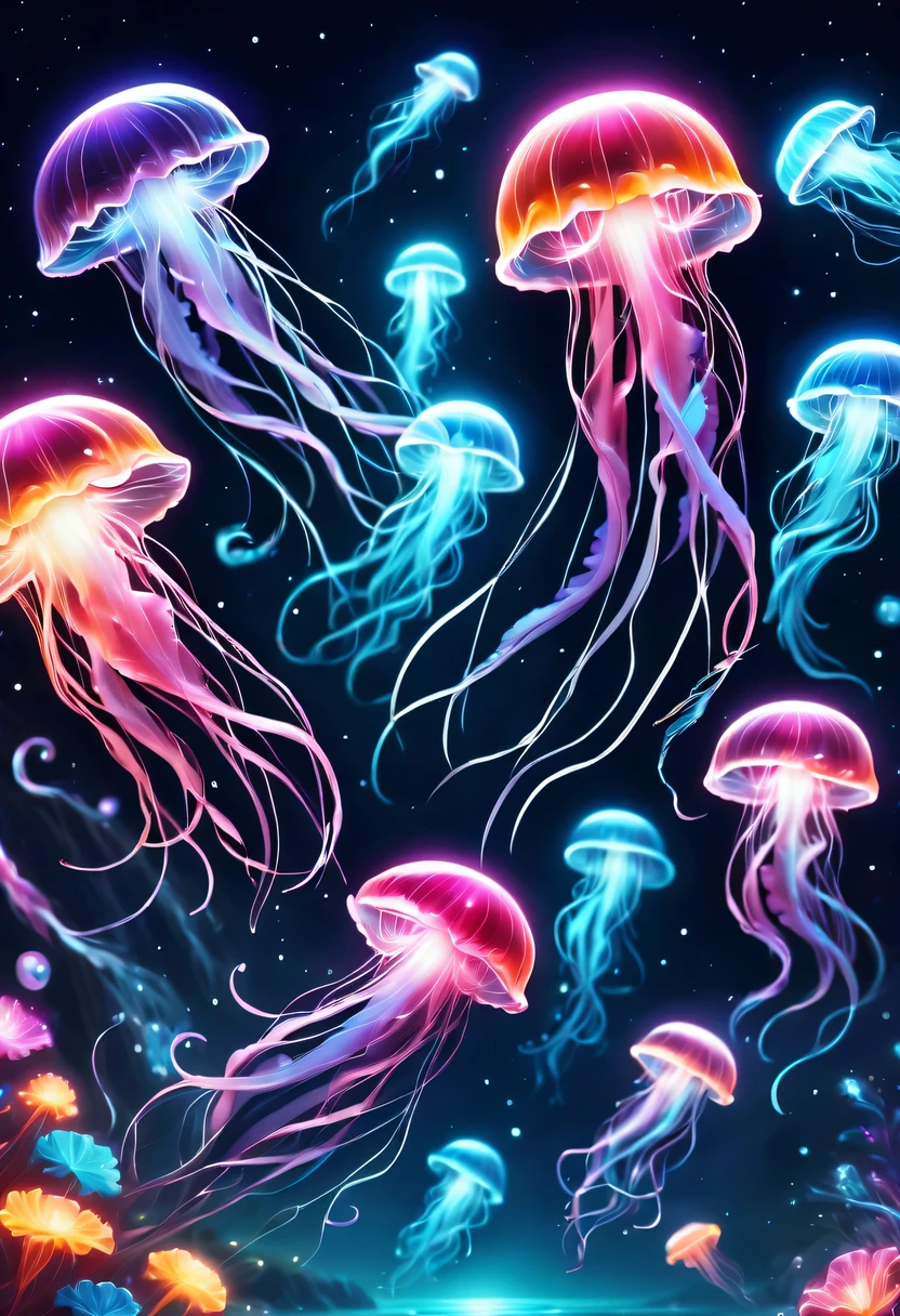 Draw a translucent jellyfish swimming in the sea of stars,the art of mathematics,fantasy,beautiful星雲の背景,rich and colorful,rich and rich and colorfulな呪文を唱える,flash,とてもflash,さらにflash,A faintly glowing jellyfish,light from below,beautiful光と影,magic,like a dream,inspiration,pleura,beautiful,rendering,rich and rich and colorful,wonderful,light particles,familiar,masterpiece,最高masterpiece,Art works that use light,artistic,familiar