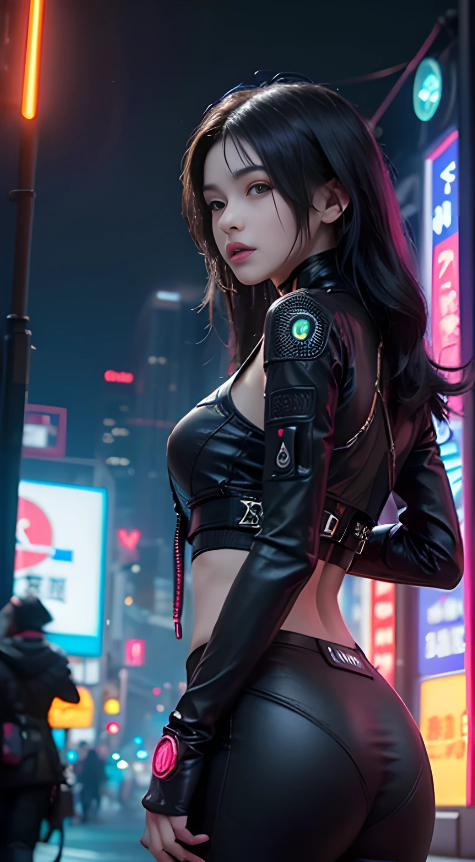 Best image quality, masterpiece, ultra high resolution, (Fidelity:1.4), photo,  , ((cyberpunk girl), Mila Kunis, Black curly hair with blue and purple neon lights, Internet equipment, futuristic, ((屡获殊荣的超写实photo))，(Super detailed)，(intricate details)，(High resolution CGI artwork 8k), A girl in the cyberpunk city stands on the street, futuristic style, Colorful LED lights, depth of field,Create depth with atmospheric lighting,Wide-angle lens,Use atmospheric and volumetric lighting to enhance cityscape details,Under the illumination of neon lights, Pastel textured colored background, colorful, Full of energy