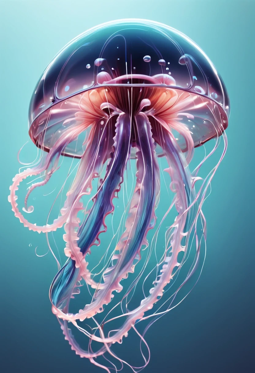 Detailed and authentic artwork，Depicts a cute and delicate biomechanical style jellyfish. every detail, From complex transparent casings to sophisticated internal mechanical components, Captured with extreme precision. Textures are very realistic，You can almost feel the smooth surface of its carapace，intricate patterns on joints. Lighting is carefully designed，Enhance visual effects