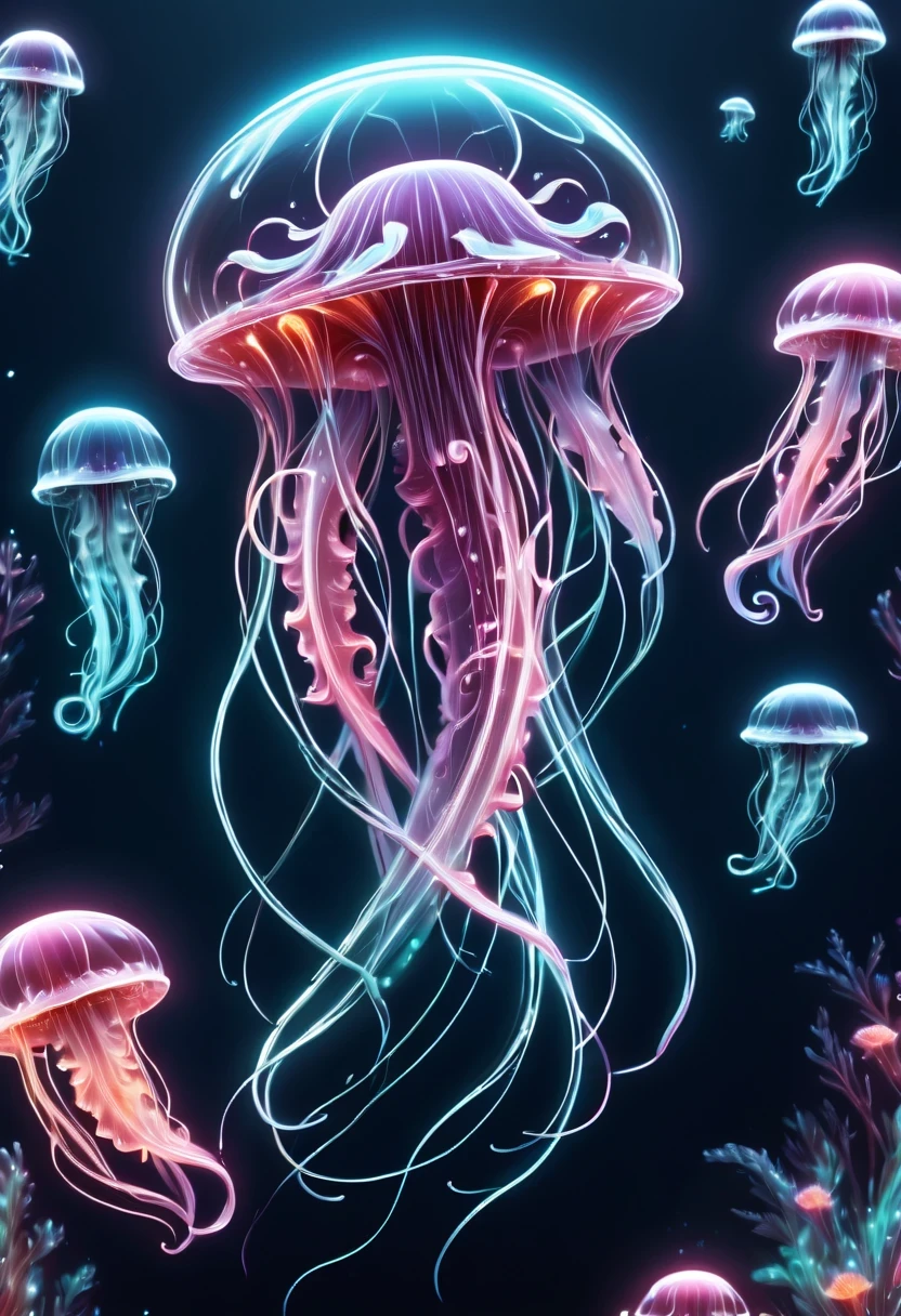 Detailed and authentic artwork,Depicts a cute and delicate biomechanical style jellyfish. every detail, From complex transparent casings to sophisticated internal mechanical components, Captured with extreme precision. Textures are very realistic,You can almost feel the smooth surface of its carapace,intricate patterns on joints. Lighting is carefully designed,Enhance visual effects
