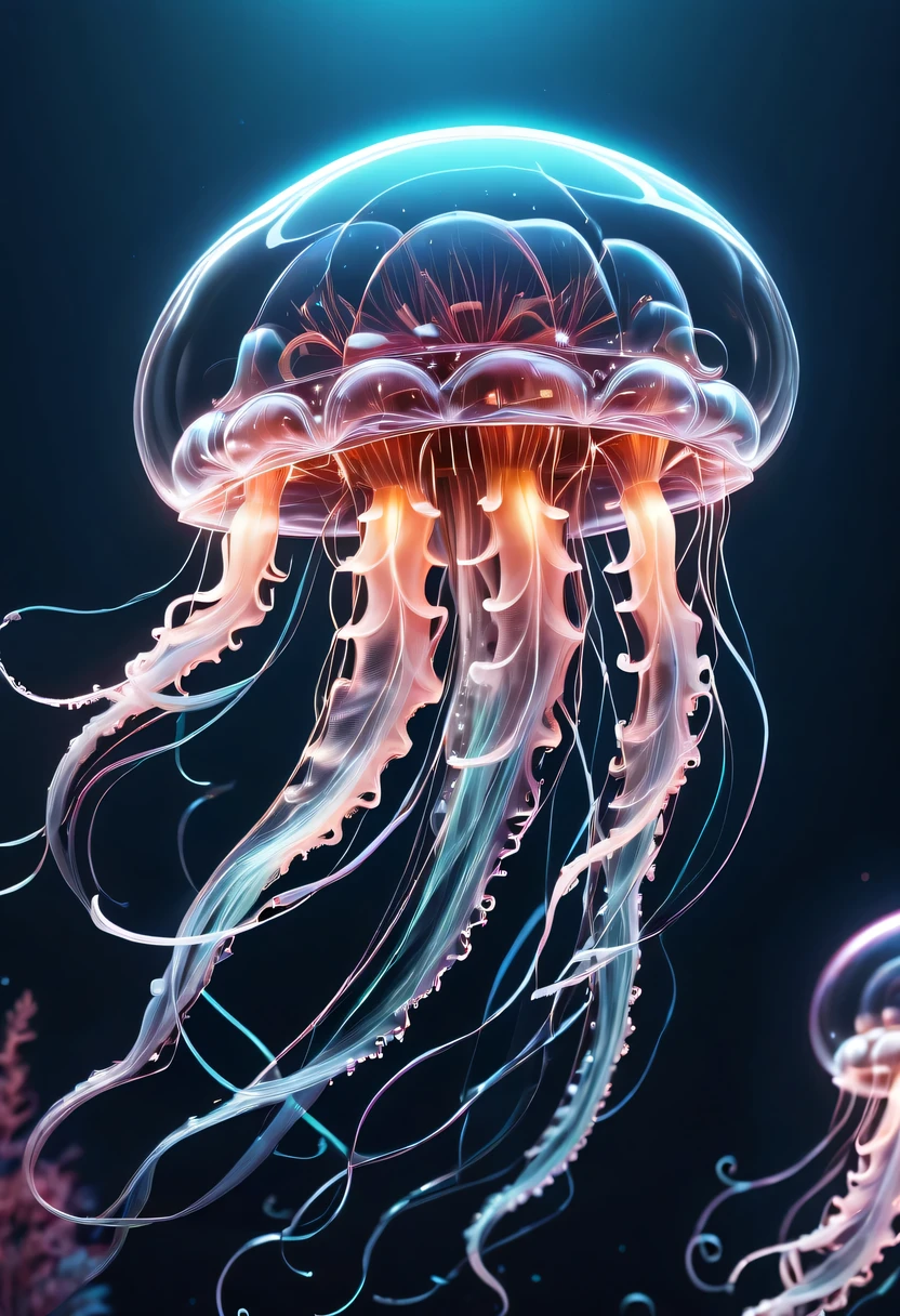 Detailed and authentic artwork，Depicts a cute and delicate biomechanical style jellyfish. every detail, From complex transparent casings to sophisticated internal mechanical components, Captured with extreme precision. Textures are very realistic，You can almost feel the smooth surface of its carapace，intricate patterns on joints. Lighting is carefully designed，Enhance visual effects