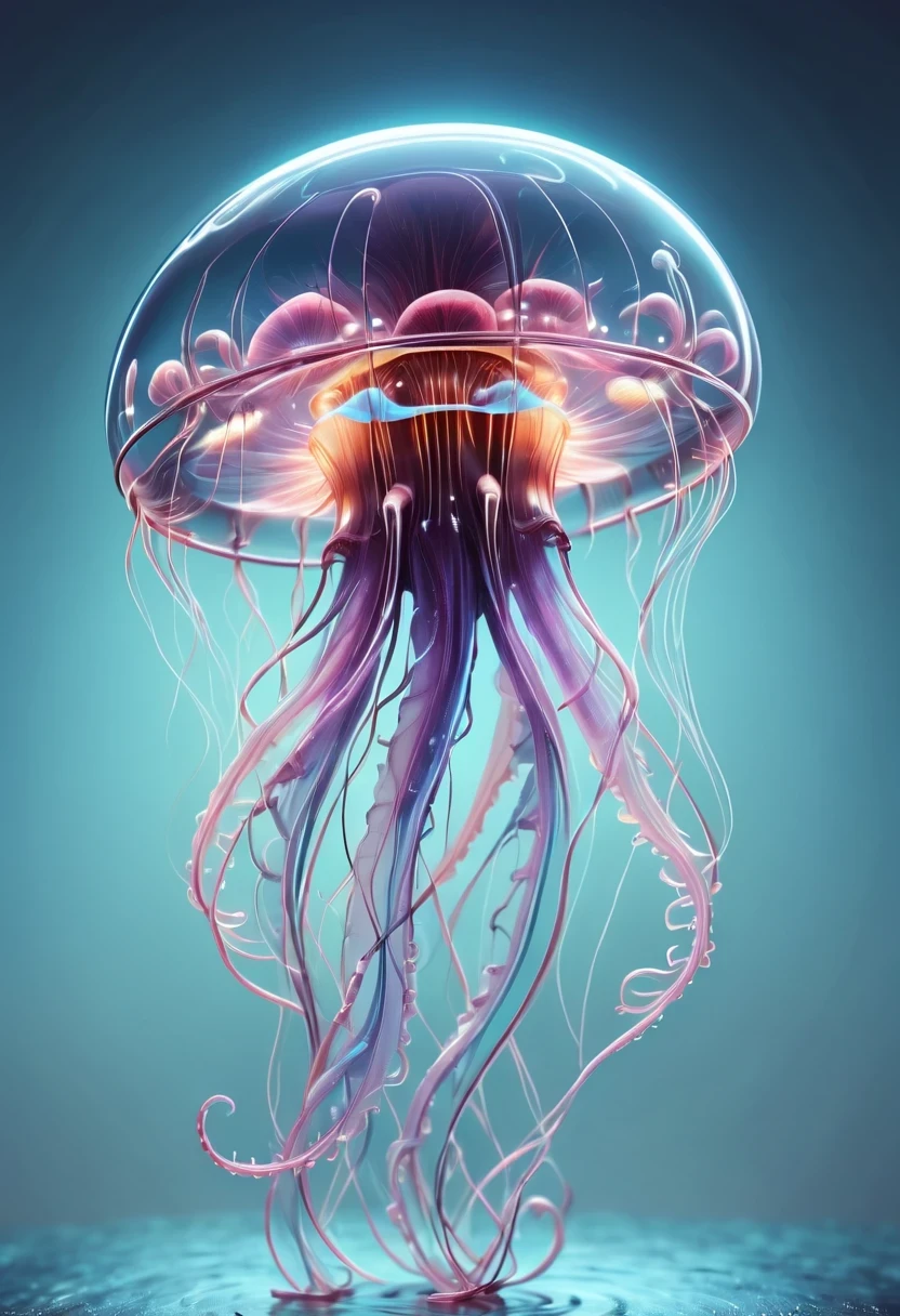 Detailed and authentic artwork，Depicts a cute and delicate biomechanical style jellyfish. every detail, From complex transparent casings to sophisticated internal mechanical components, Captured with extreme precision. Textures are very realistic，You can almost feel the smooth surface of its carapace，intricate patterns on joints. Lighting is carefully designed，Enhance visual effects