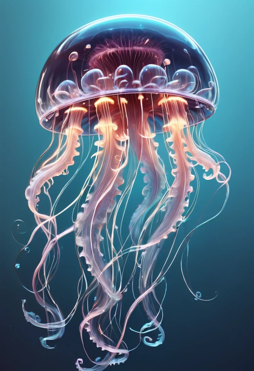 Detailed and authentic artwork，Depicts a cute and delicate biomechanical style jellyfish. every detail, From complex transparent casings to sophisticated internal mechanical components, Captured with extreme precision. Textures are very realistic，You can almost feel the smooth surface of its carapace，intricate patterns on joints. Lighting is carefully designed，Enhance visual effects