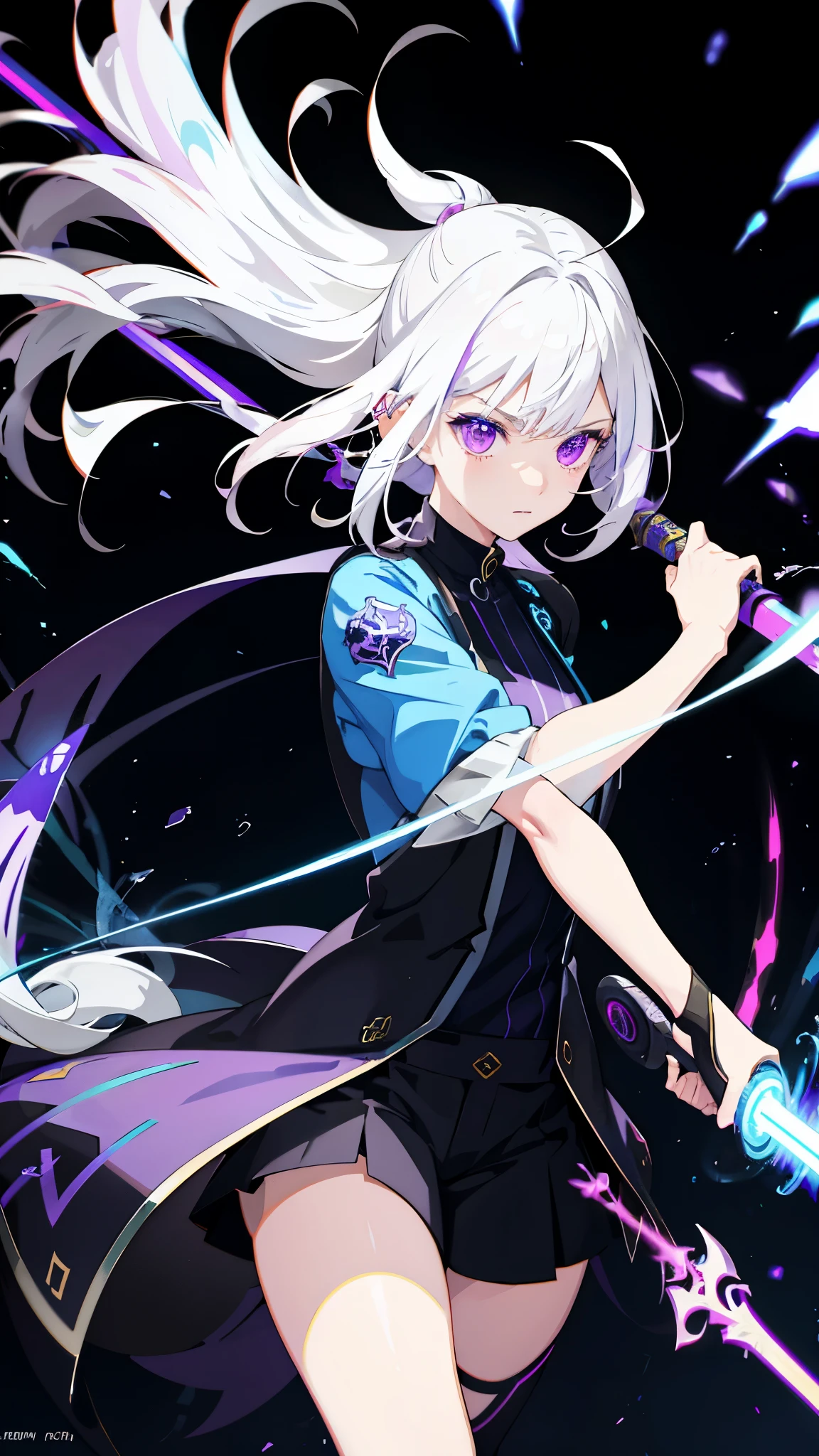 colorful, 1girl, white hair, purple eyes, dual wielding, sword, holding sword, blue flames, glow, glowing weapon, light particles, wallpaper, chromatic aberration,