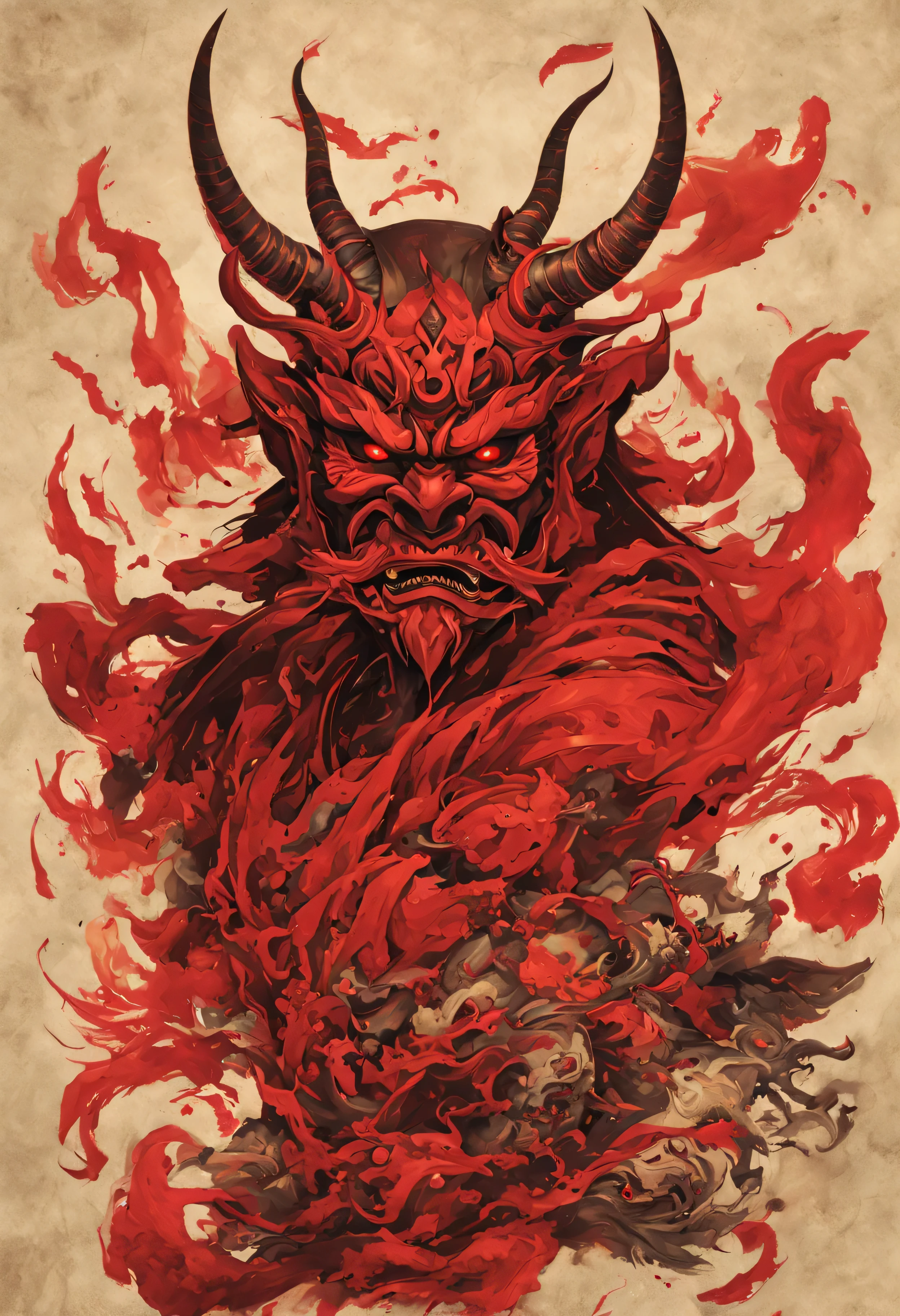 Illustration of demon samurai mask, oni mask, villain wearing a red oni mask, samurai mask, Samurai with demon mask, Demon Samurai, Demon Samurai warrior, chifres de oni, inspired by Ryukōsai Jokei, estilo de arte japonesa, inspired by Kawanabe Kyōsai, misterioso