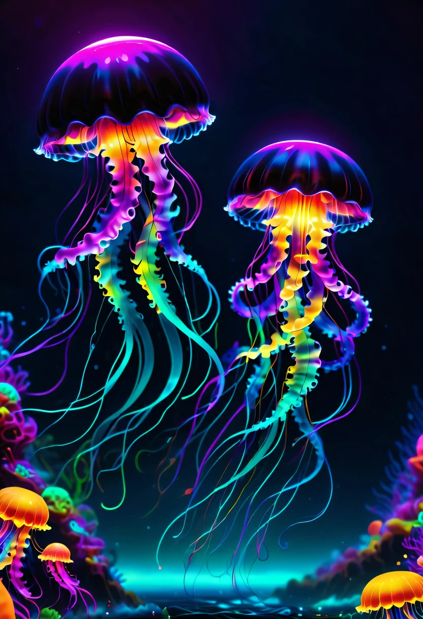 high resolution, high quality, masterpiece .Closeup black Light art. Two jelly blubber jellyfish in the depths of the neon ocean. 发Light的迷幻奇迹, Light晕分形霓虹灯效果. 鳍和轮廓覆盖着神秘的Light芒, 辛烷渲染增强了其形状的超现实complex. The background is the saturated darkness of the ocean depths., Neon atmosphere, abstract black oil, Detailed acrylic, Rubbish, complex, Rendered in Unreal Engine, lifelike. 32k surrealism. 镜头Light晕故障. Super fine. Light. 32k