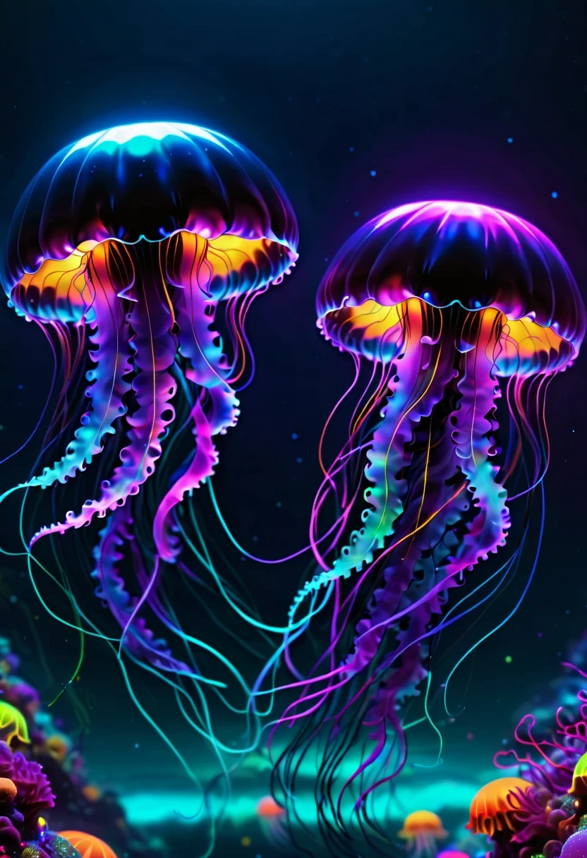 high resolution, high quality, masterpiece .Closeup black Light art. Two jelly blubber jellyfish in the depths of the neon ocean. 发Light的迷幻奇迹, Light晕分形霓虹灯效果. 鳍和轮廓覆盖着神秘的Light芒, 辛烷渲染增强了其形状的超现实complex. The background is the saturated darkness of the ocean depths., Neon atmosphere, abstract black oil, Detailed acrylic, Rubbish, complex, Rendered in Unreal Engine, lifelike. 32k surrealism. 镜头Light晕故障. Super fine. Light. 32k