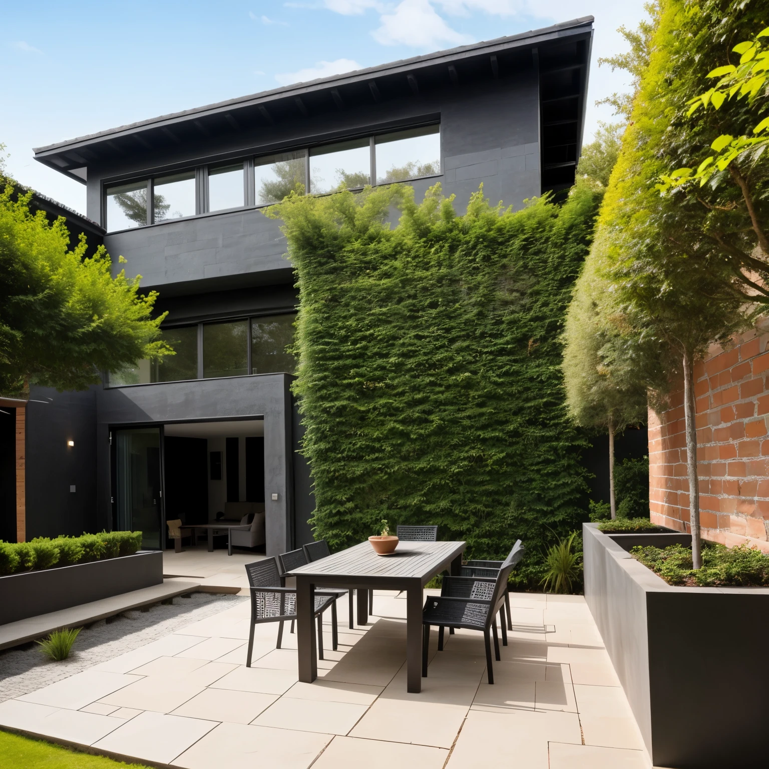 A large rectangular terrace in front of the house, in a modern style, with 19th-century brick on the main wall, roofing based on anthracite-colored poles. There are tiles on the floor. Inside, there are tables and chairs made of rafan. There are thujas or other shrubs around, a realistic photo