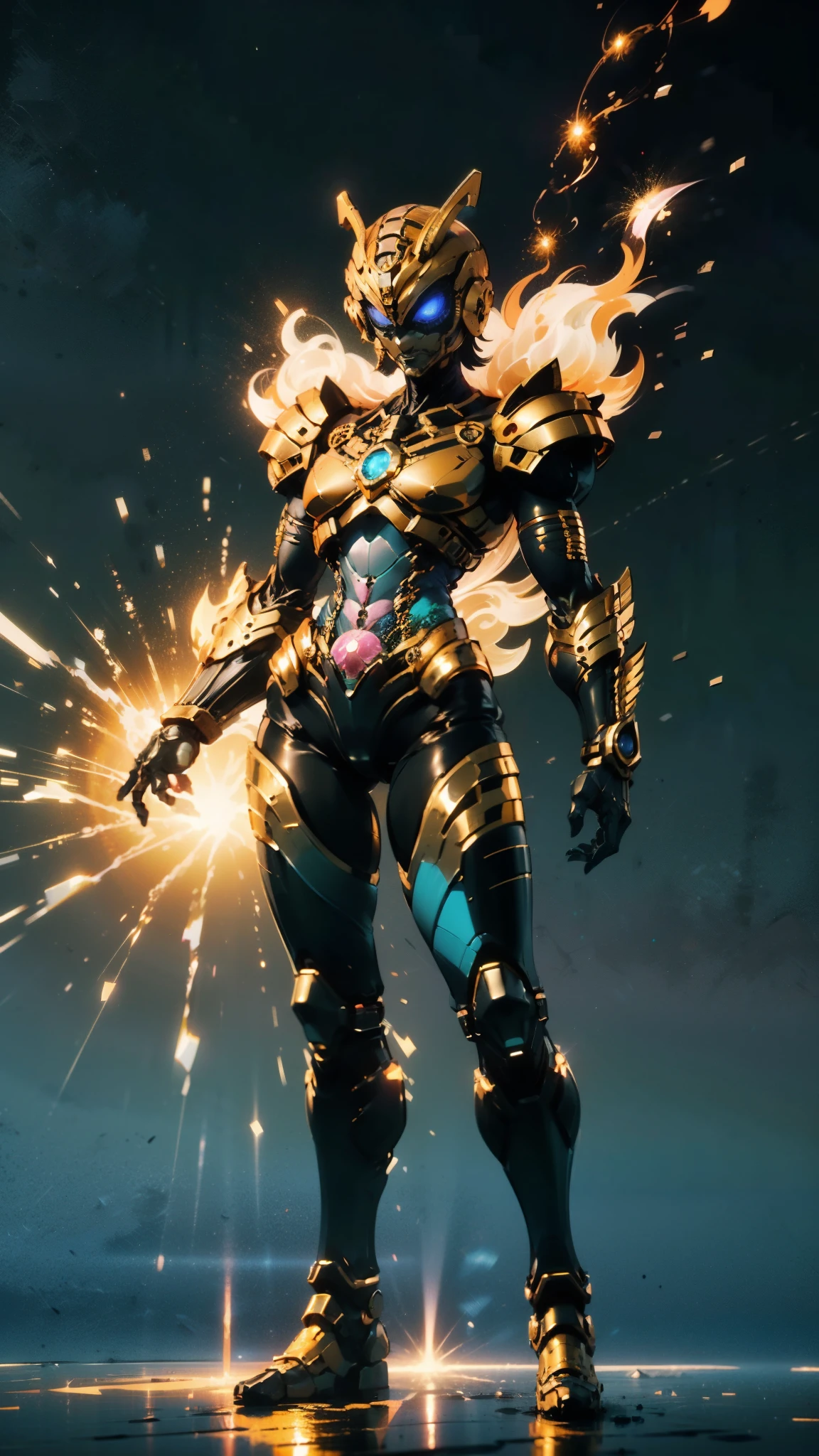 A woman adorned in fantasy-style full-body armor, a crown-concept fully enclosed helmet that unveils only her eyes, a composite layered chest plate, fully encompassing shoulder and hand guards, a lightweight waist armor, form-fitting shin guards, the overall design is heavy-duty yet flexible, ((the armor gleams with a golden glow, complemented by red and blue accents)), exhibiting a noble aura, she floats above a fantasy-surreal high-tech city, this character embodies a finely crafted fantasy-surreal style armored hero in anime style, exquisite and mature manga art style, (Queen bee mixed with Spider concept Armor, plasma, blood), ((Element, energy, elegant, goddess, femminine:1.5)), metallic, high definition, best quality, highres, ultra-detailed, ultra-fine painting, extremely delicate, professional, anatomically correct, symmetrical face, extremely detailed eyes and face, high quality eyes, creativity, RAW photo, UHD, 32k, Natural light, cinematic lighting, masterpiece-anatomy-perfect, masterpiece:1.5