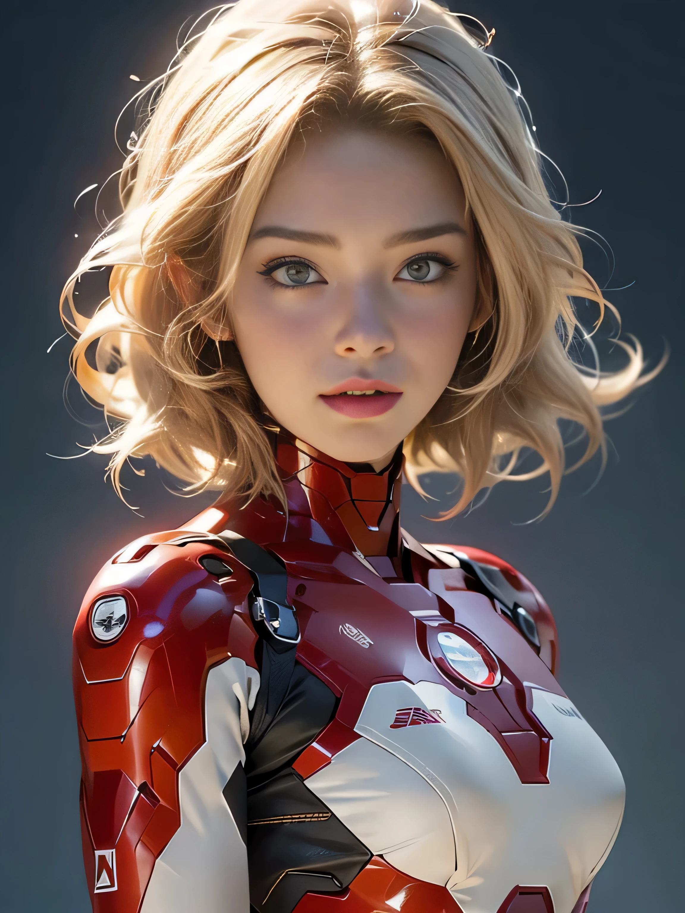 18yo Girl，White IronMan suit，short and wavy hair，blondehair，beautifulface，lluvia，teto，The Masterpiece，exquisite detailing，Perfect anatomy，best qulity，ultra-highresolution，4k,
