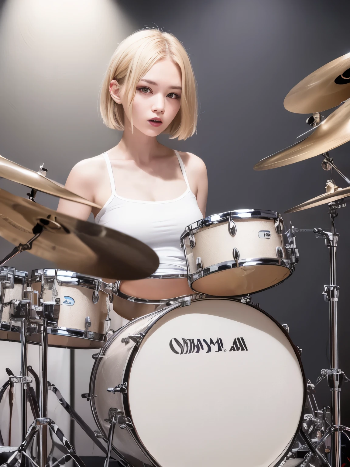 (Highest quality,8k,High resolution,masterpiece:1.2),((masterpiece,Highest quality)), High resolution with great detail, ((A fifty-year-old girl playing the drums)),((drummer)),(Highly detailed skin and facial textures:1.3), (Ultra detailed face),(Detailed arms),(Beautiful attention to detail),(Beautiful lip detail),Album cover by Yokoyama Taikan, shutterstock, Realism, Perform on stage, drummer, Live Performance, Singer-songwriter,Playing drums on stage,(Woman playing drums), Photo taken with Nikon D750,Shot with Canon EOS 5D Mark IV, (Slender body:1.5)