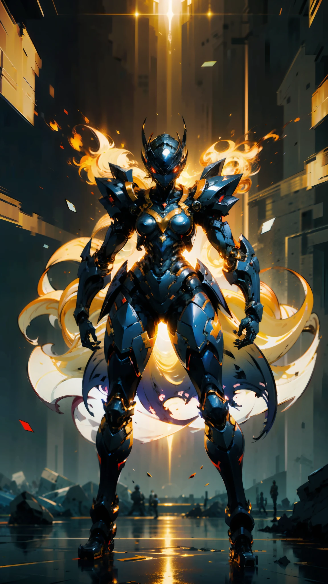 A woman adorned in fantasy-style full-body armor, a crown-concept fully enclosed helmet that unveils only her eyes, a composite layered chest plate, fully encompassing shoulder and hand guards, a lightweight waist armor, form-fitting shin guards, the overall design is heavy-duty yet flexible, ((the armor gleams with a golden glow, complemented by red and blue accents)), exhibiting a noble aura, she floats above a fantasy-surreal high-tech city, this character embodies a finely crafted fantasy-surreal style armored hero in anime style, exquisite and mature manga art style, (Queen bee mixed with Spider concept Armor, plasma, blood), ((Element, energy, elegant, goddess, femminine:1.5)), metallic, high definition, best quality, highres, ultra-detailed, ultra-fine painting, extremely delicate, professional, anatomically correct, symmetrical face, extremely detailed eyes and face, high quality eyes, creativity, RAW photo, UHD, 32k, Natural light, cinematic lighting, masterpiece-anatomy-perfect, masterpiece:1.5