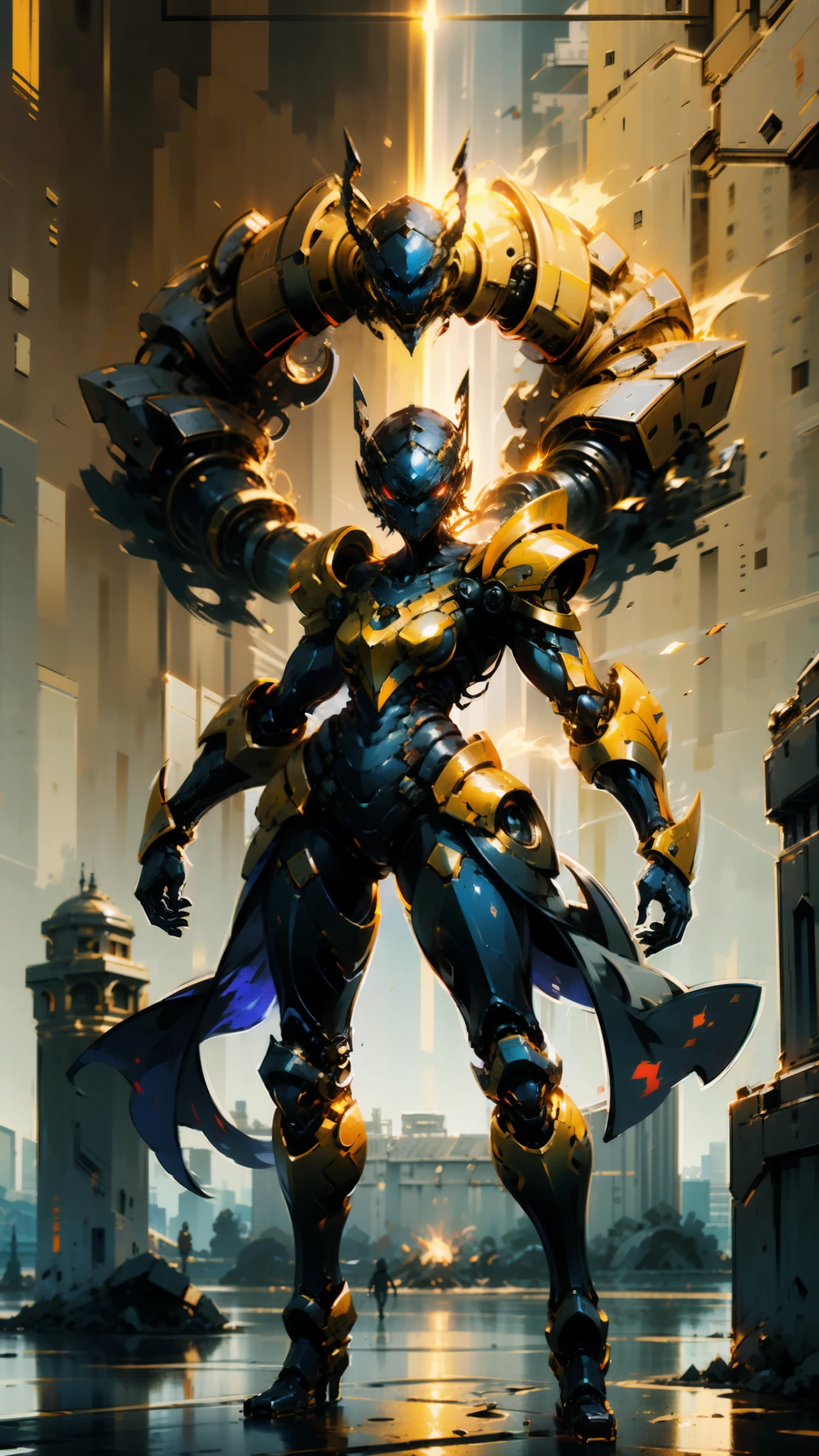 A woman adorned in fantasy-style full-body armor, a crown-concept fully enclosed helmet that unveils only her eyes, a composite layered chest plate, fully encompassing shoulder and hand guards, a lightweight waist armor, form-fitting shin guards, the overall design is heavy-duty yet flexible, ((the armor gleams with a golden glow, complemented by red and blue accents)), exhibiting a noble aura, she floats above a fantasy-surreal high-tech city, this character embodies a finely crafted fantasy-surreal style armored hero in anime style, exquisite and mature manga art style, (Queen bee mixed with Spider concept Armor, plasma, blood), ((Element, energy, elegant, goddess, femminine:1.5)), metallic, high definition, best quality, highres, ultra-detailed, ultra-fine painting, extremely delicate, professional, anatomically correct, symmetrical face, extremely detailed eyes and face, high quality eyes, creativity, RAW photo, UHD, 32k, Natural light, cinematic lighting, masterpiece-anatomy-perfect, masterpiece:1.5