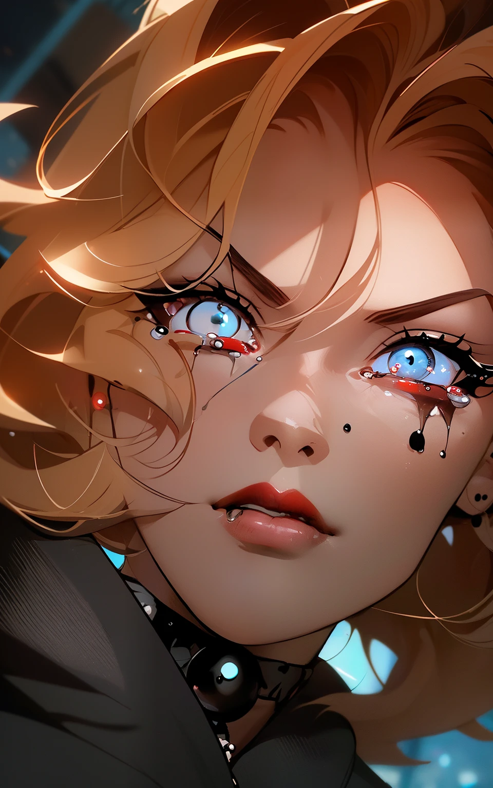 sehele style, anime style, (((beautiful))) ((dutch angle)), portrait, (((cartoon illustration))) of (((Pamela Anderson))) as Gothic mature female with large breast, heavy eye make up with ((black tears:1.5)), black around eyes, long eyelashes,  choker, red lipstick, city at night in the background high contrast, in anime style, vector style outside city, depth of view, natural light, focus on breast, anime wide eyes, soft lighting, concept art, digital painting,