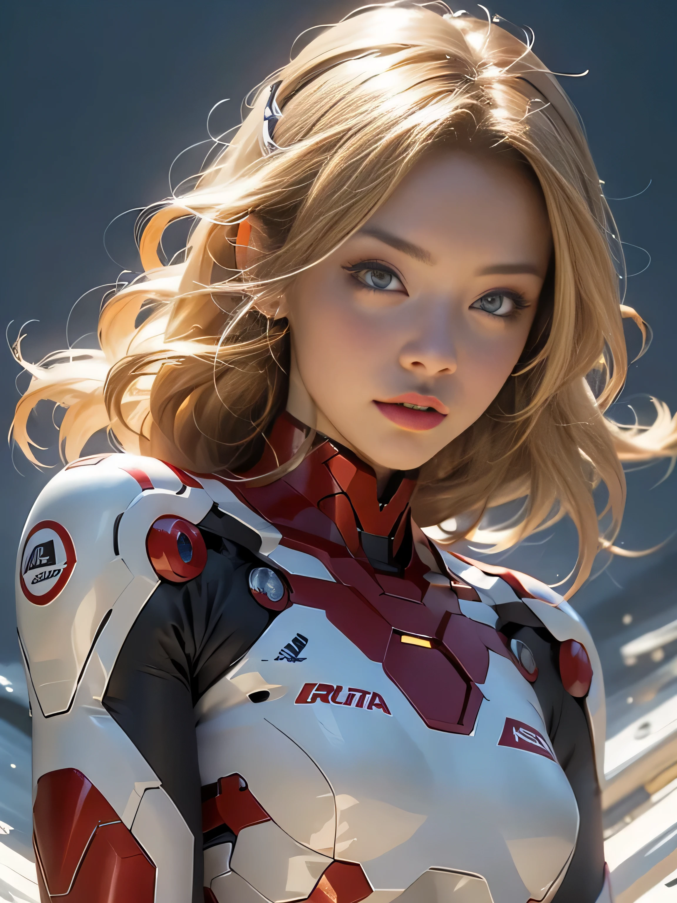 18yo Girl,White IronMan suit,short and wavy hair,blondehair,beautifulface,lluvia,teto,The Masterpiece,exquisite detailing,Perfect anatomy,best qulity,ultra-highresolution,4k,