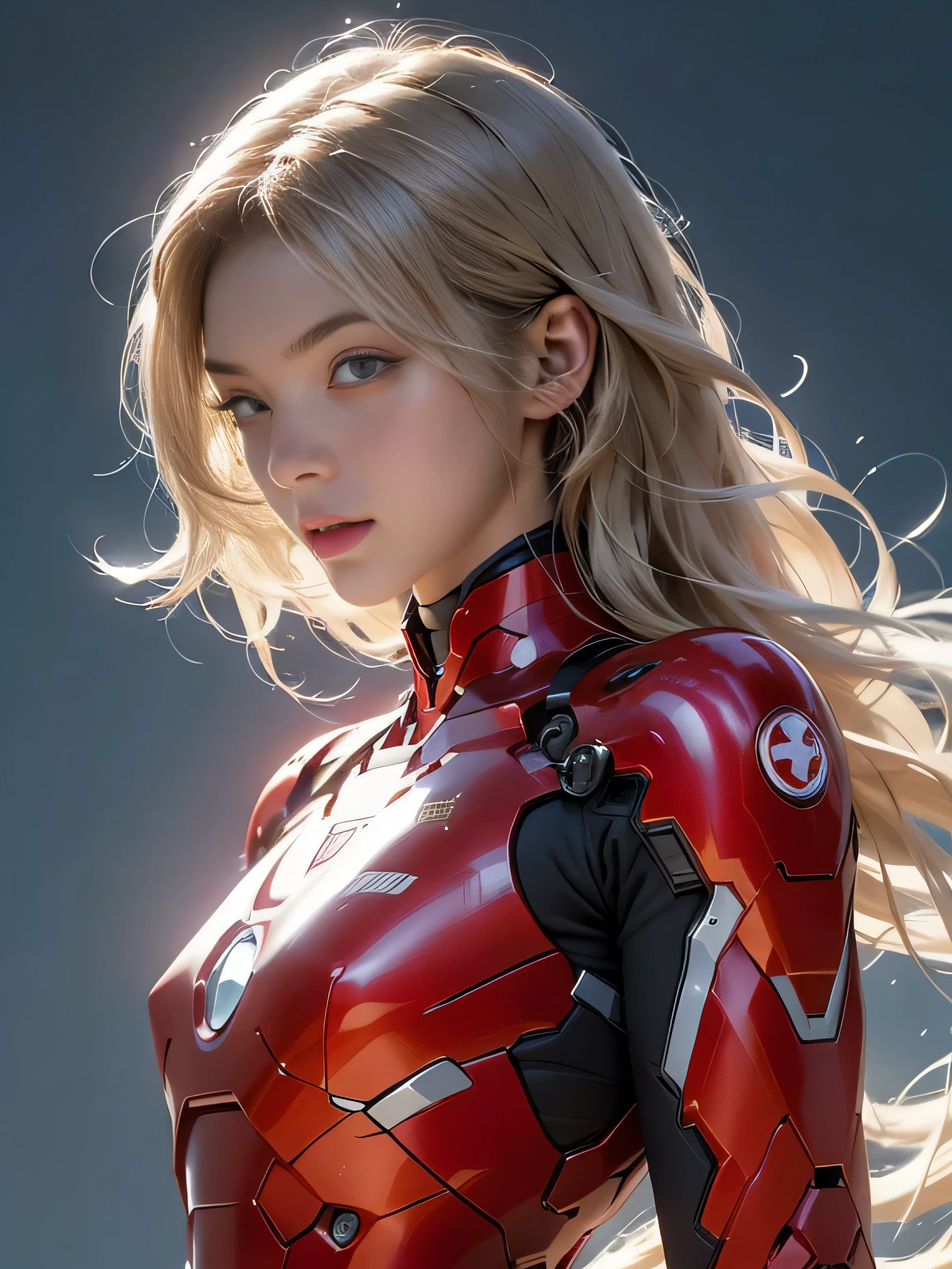 18yo Girl,White IronMan suit,short and wavy hair,blondehair,beautifulface,lluvia,teto,The Masterpiece,exquisite detailing,Perfect anatomy,best qulity,ultra-highresolution,4k,