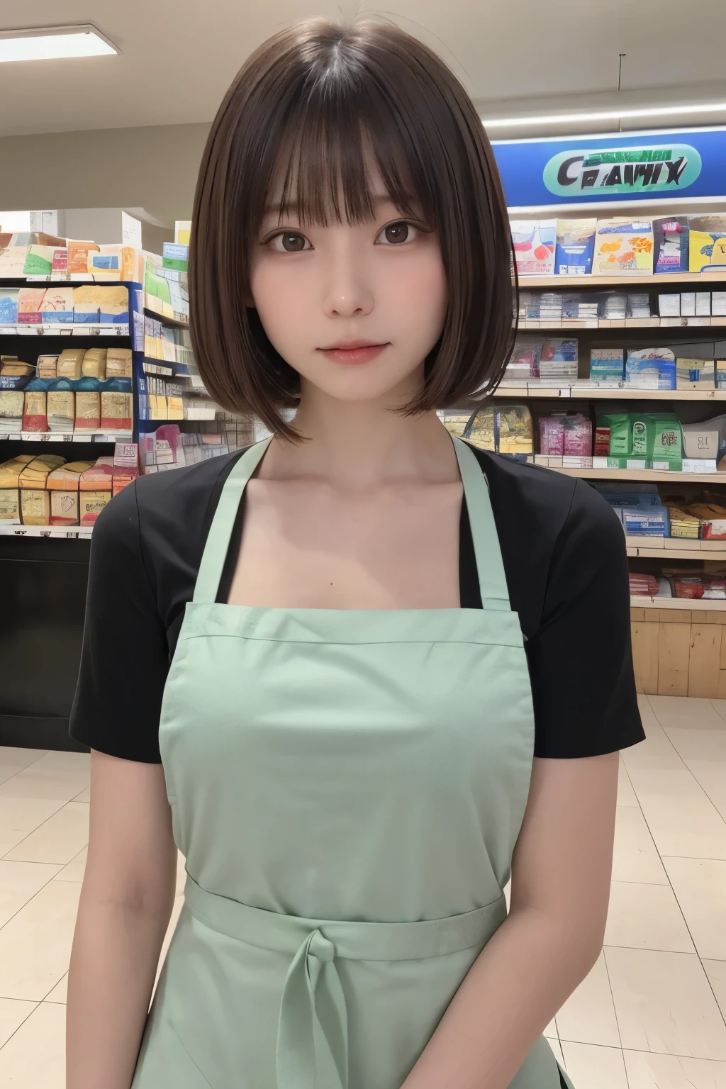 one girl, (a beauty girl, delicate girl:1.3), (, :1.3),ちょっと笑顔
break, (shirt, green apron, family mart:1.3), panties,
break, extremely fine-grained clarity, (symmetrical eyes:1.3),
break, (Inside a convenience store:1.3), perfectly trimmed fingers,
break, small breasts, brown eyes, parted bangs, brown hair,  girl,
break, (Eye and face details:1.0),
break, (masterpiece, highest quality, super detailed, detailed face, 8k)