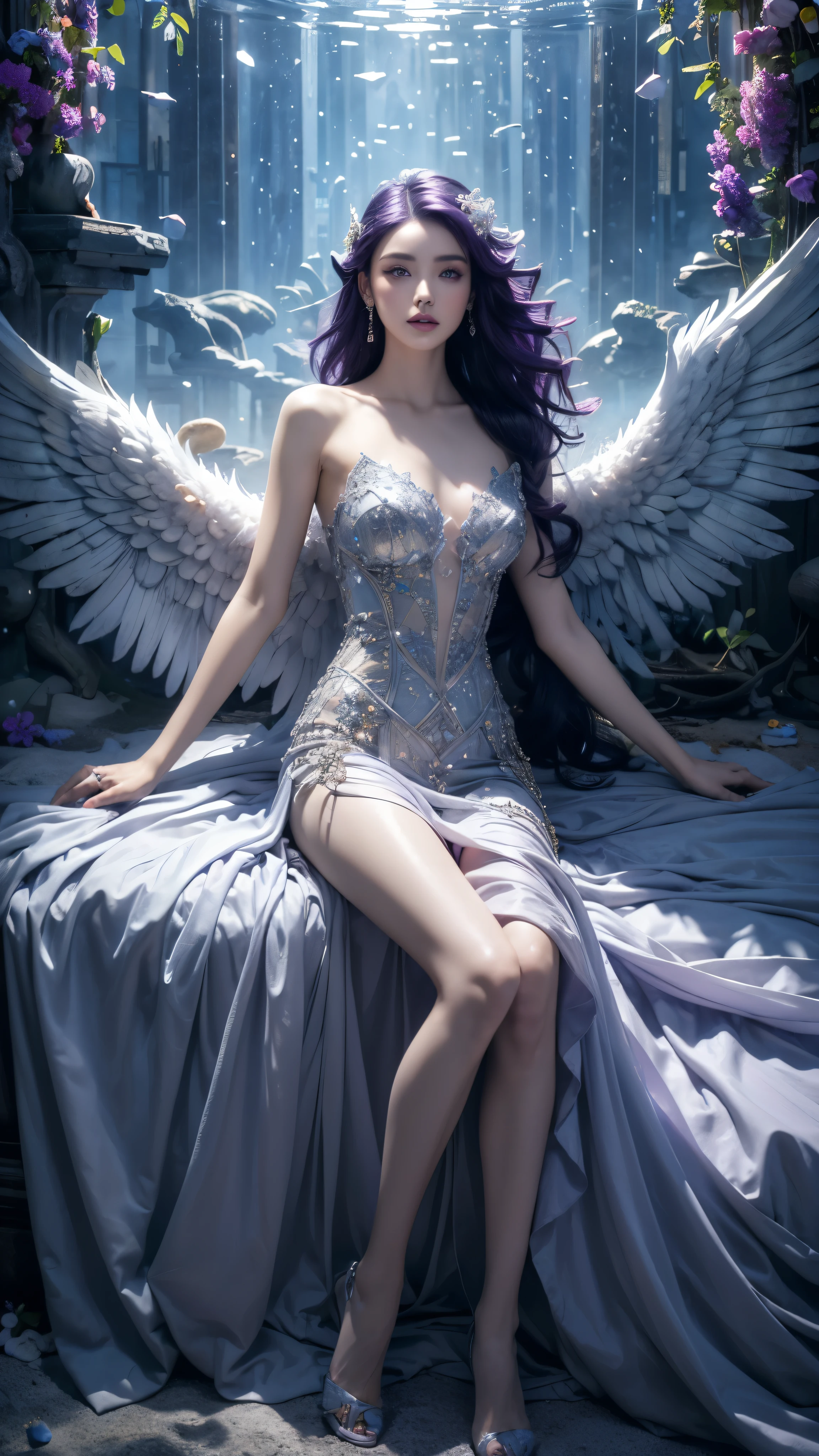 (((RAW photo , very detailed, highest quality, High resolution, alone,)))
break、(contrast:1), whole body、 Viewed from directly above, Lying in a flower garden, your back is on the floor、
break、 (((purple hair beach wave hairstyle ))), (((cosmetics))),big breasts,
break、white effect, white wings:1.2 , White Angel:1.2, ((night)) 、
break、Vampire Castle, detailed background,, moon、
break、antonio riva dress:1.1,Dress made of slightly transparent fabric:1.3、(Very difficult:1.2), high fantasy, beautiful face, pointy ears,
break,background, monochrome, grayscale, barefoot, break、outdoors、river