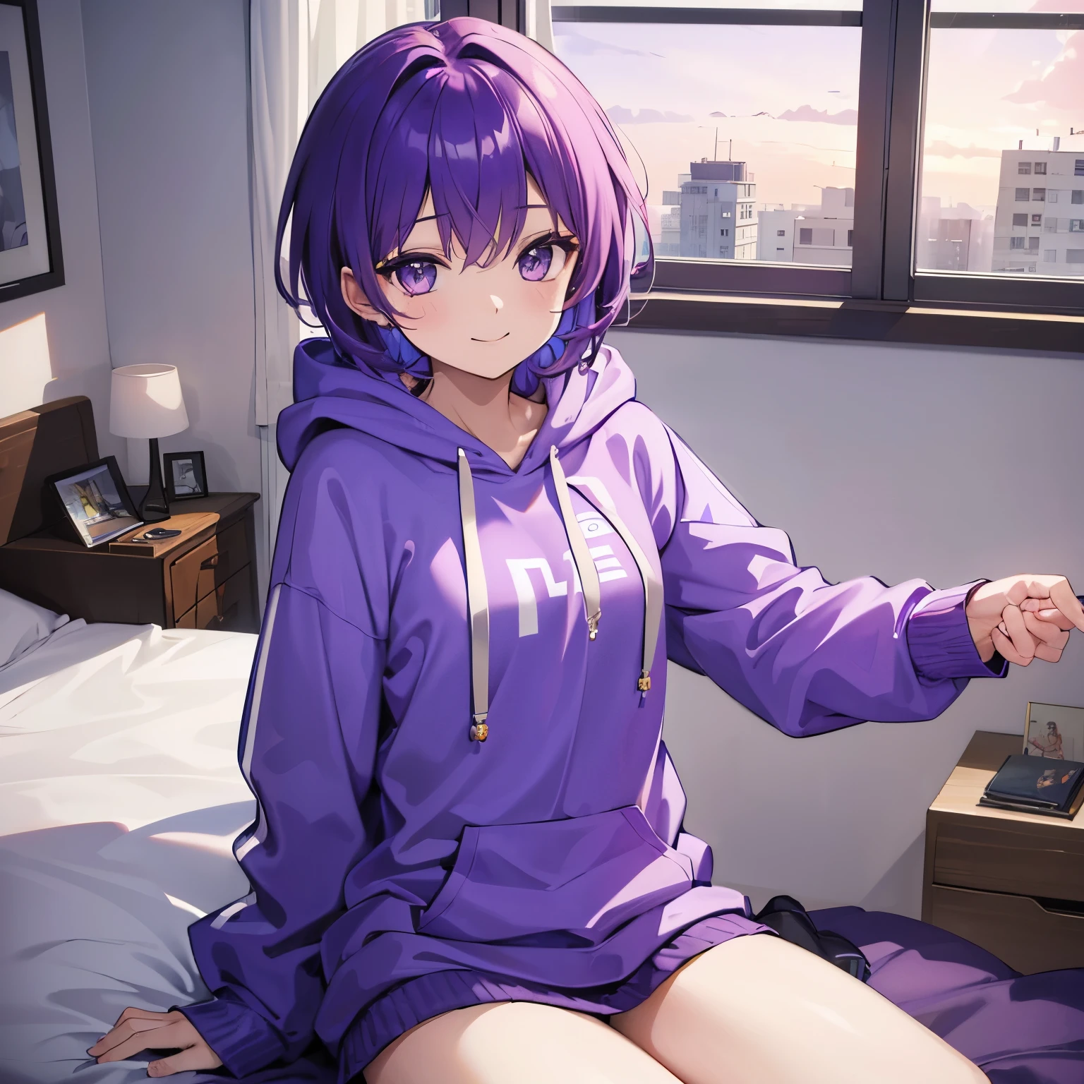 (T Masterpiece,4k wallpaper,best quality))、((girl1people))、(solo)、Shining and vivid,(purple hair)、(shortcut:1.3)、smile、Bedroom、hoodie、morning