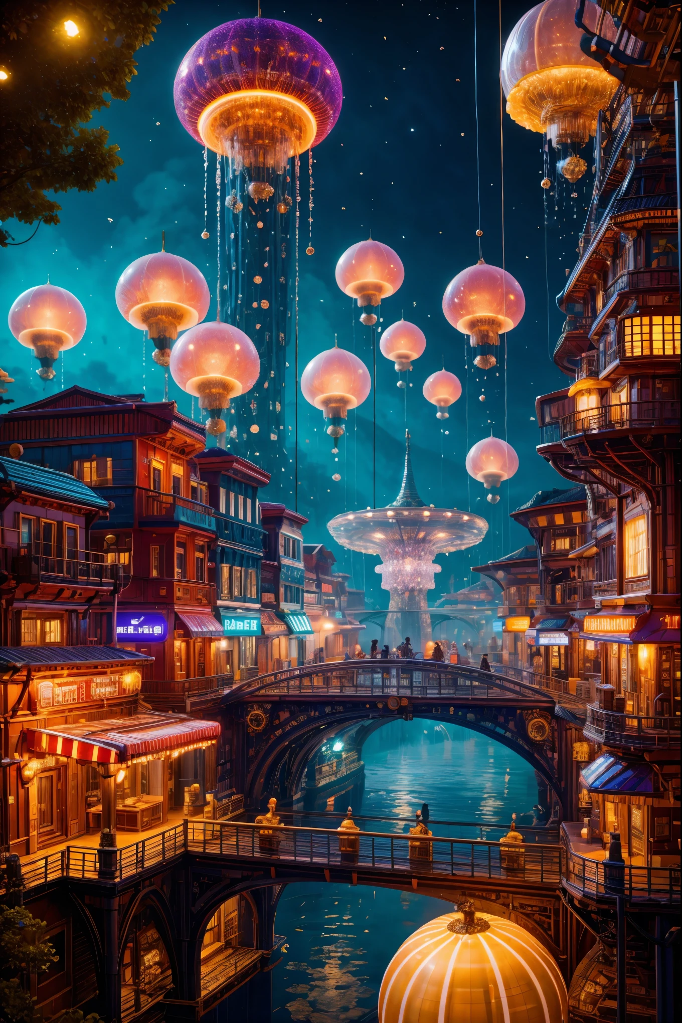 A city made of jellyfish, extraterrestrial jellyfish, space jellyfish, (best quality,4k,8k,highres,masterpiece:1.2), ultra-detailed, (realistic,photorealistic,photo-realistic:1.37), vibrant colors, surreal lighting, surreal atmosphere, glowing tentacles, transparent bodies, floating in the sky, underwater structures, bioluminescent organisms, dreamlike surroundings.