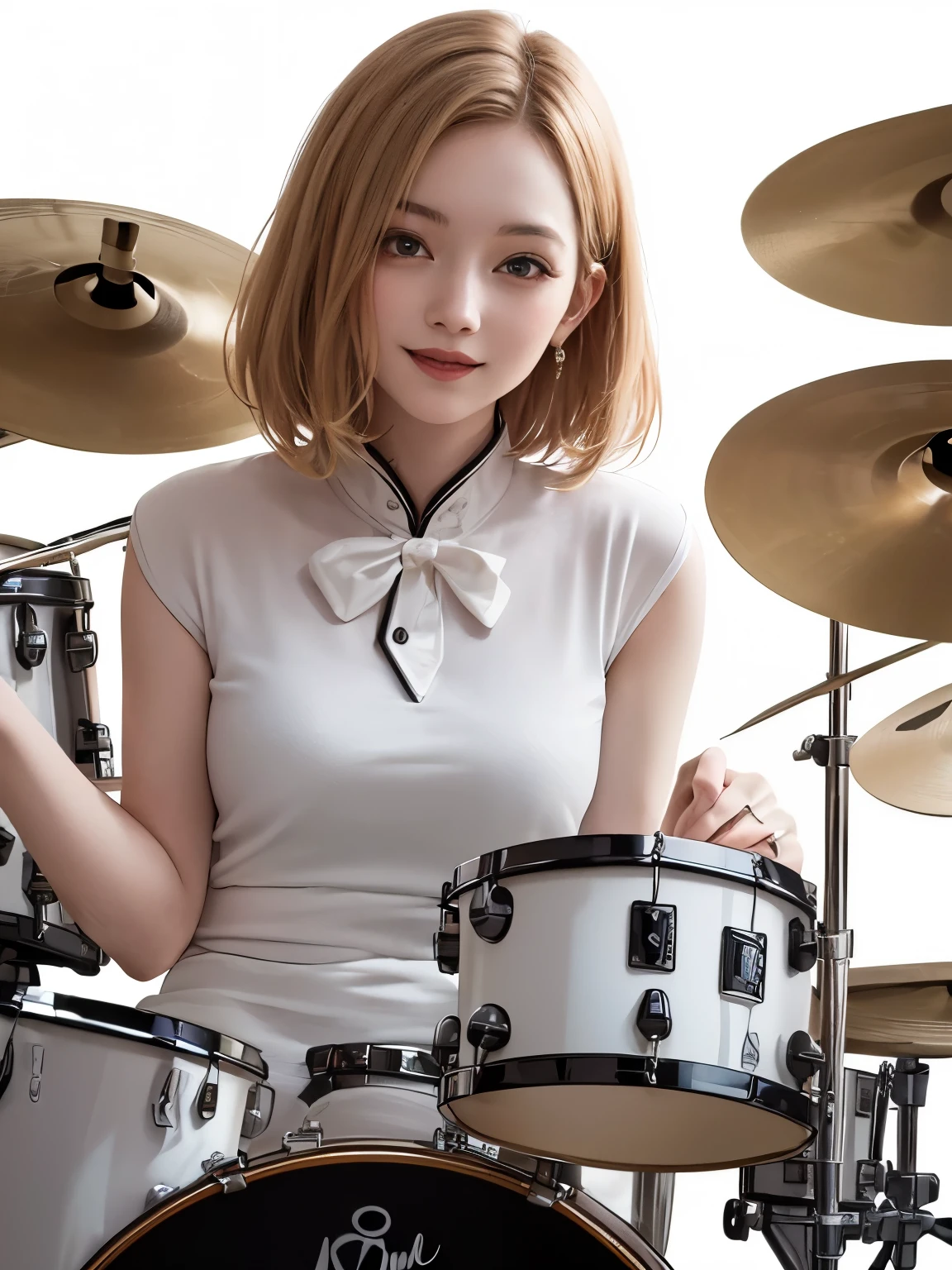(((Highest image quality、8k、beautiful woman、The background is a pure white wall)))、drummer、Drumming、I'm playing the drums、short hair woman、blonde、smile、wearing a yellow cheongsam、