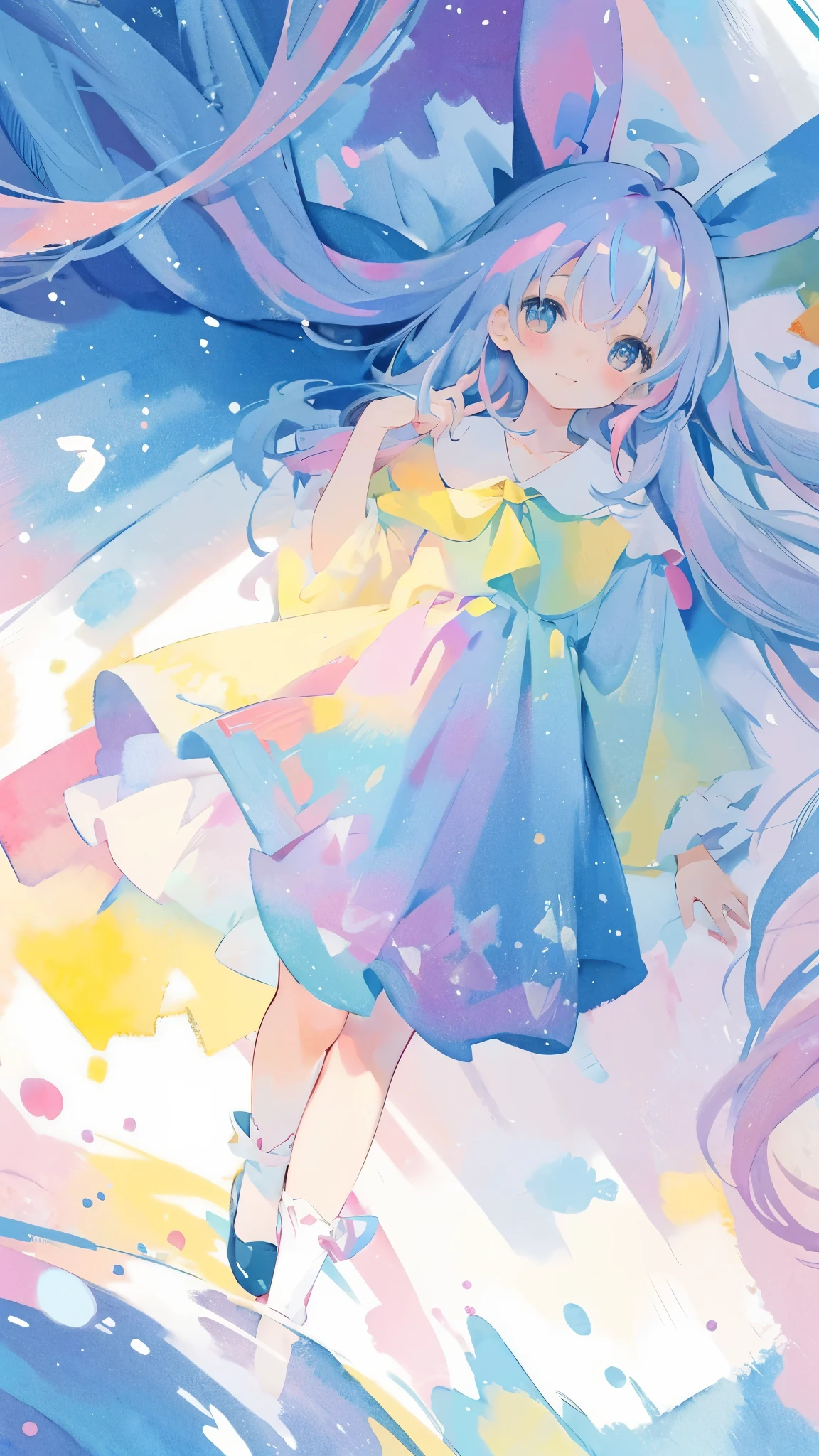 Nsfw,(highest quality)、(masterpiece:1.2)、(colorful:0.9)、(Color scattering)、(watercolor painting)、sharp focus、High resolution, (anime style:1.1), ((highest quality)), (Super detailed), (beautiful), alone,alice in wonderland、cute、blue ribbon on head、masterpiece、best image quality、highest quality、alice in wonderlandのコスチューム、colorfulな長いブロンドの髪、colorfulな目、(face close-up:1.2)