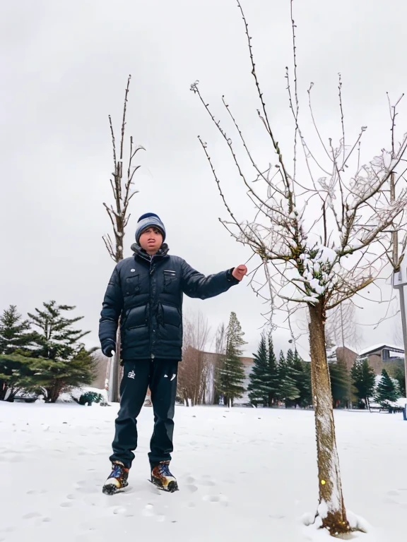 arafed man standing in the snow next to a bare tree, Only snow my background, standing in the snow, There is a tall tree, There is only snow in the background, with a tree in background, during snowfall, tree in background, in the snow, in the snow, xiaoguang sun, tree in background木, jinyiwei