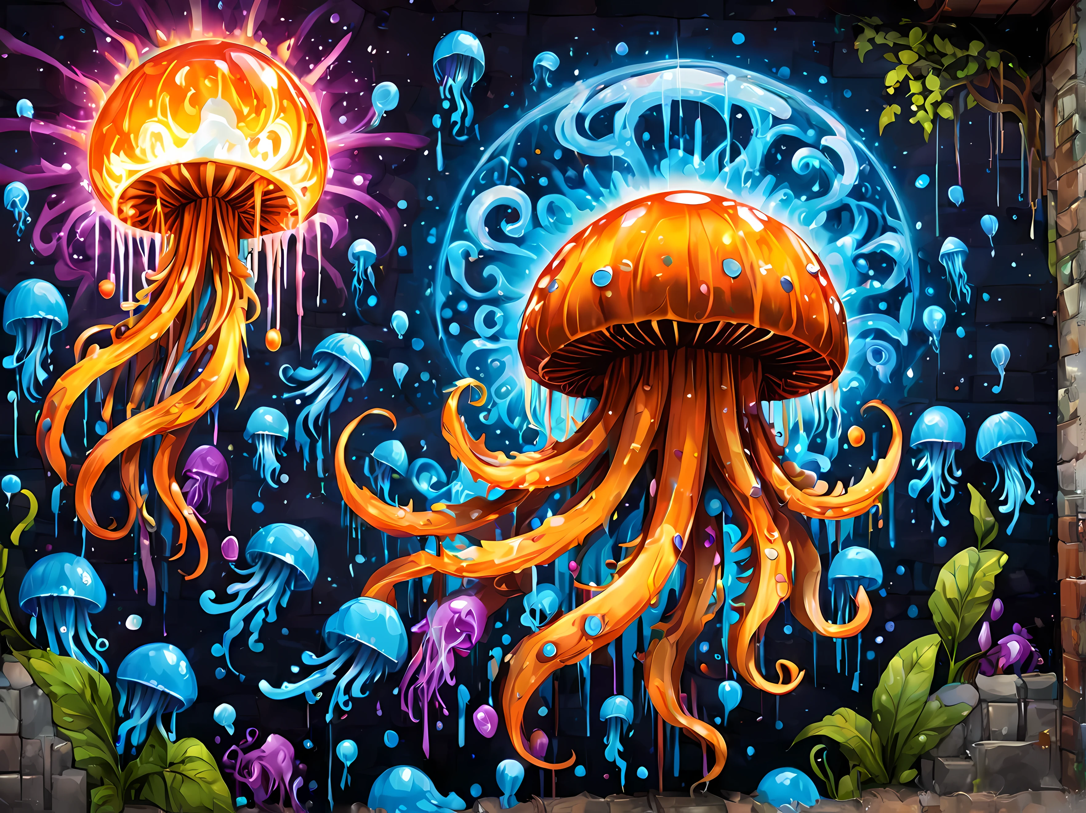 (pixel art:1.4), made of elemental_graffiti, design a mesmerizing ((((wall graffiti)))) featuring magnificent jellyfish floating gracefully in the vast expanse of space,  its translucent bell shimmering with intricate galaxy patterns, the jellyfish's tentacles stretch out, each one adorned with swirling nebulae and sparkling stars, distant galaxies and celestial bodies provide a stunning backdrop to this ethereal creature,  a harmonious fusion of the serene beauty of the jellyfish and the awe-inspiring grandeur of the cosmoore_Detail))