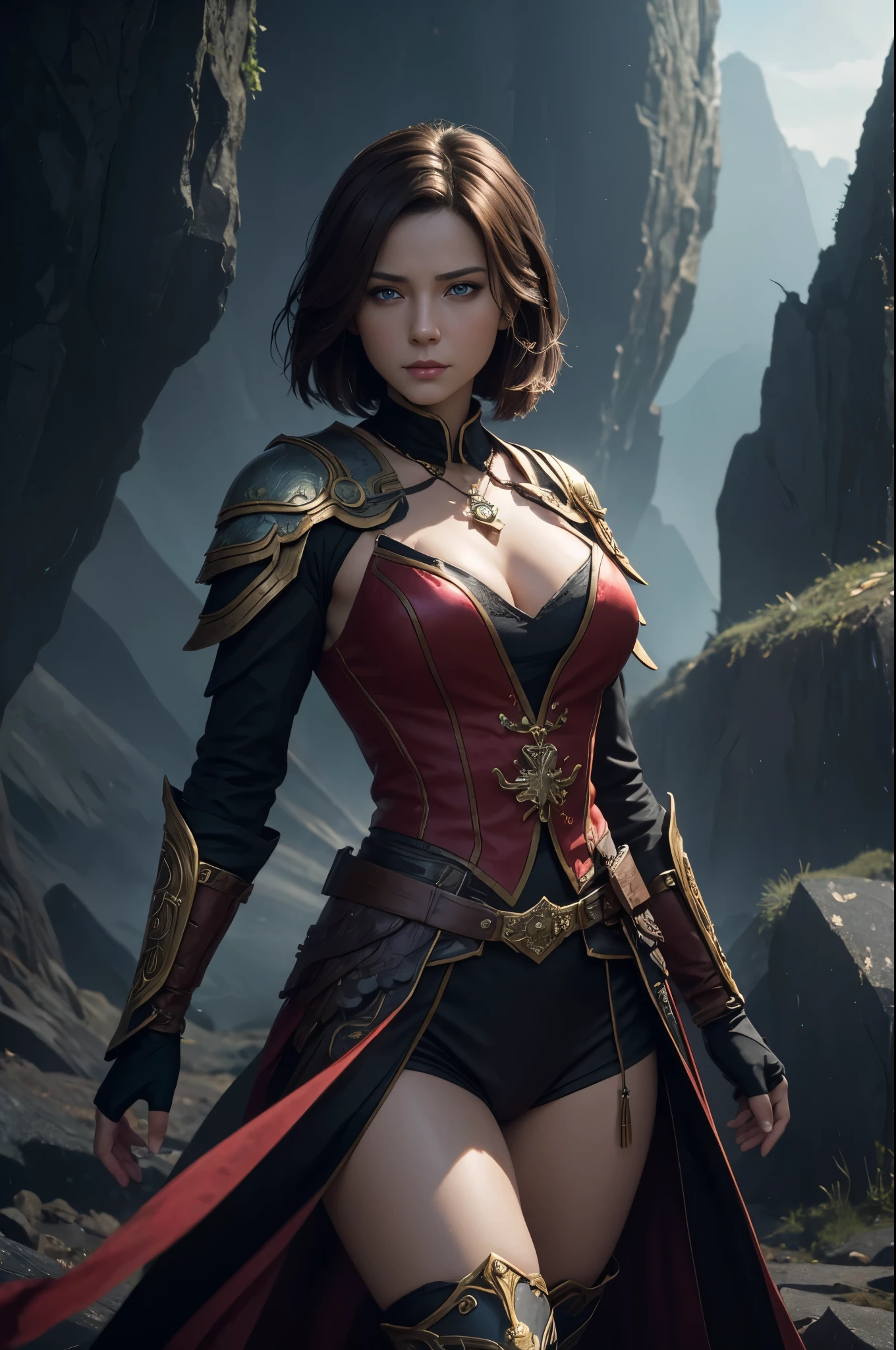 8k,blue eyes, brown hair short bob hair,red and black costume, fantasy concept art portrait, fantasy art, Portrait of a female magician, fantasy art, Alexandra Fomina Art Station, 8Kfantasy art, beautiful magician, 壮大な絶妙なcharacter art,超A high resolution,big red gem amulet,look at the audience,small breasted witch,masterpiece,Photorealistic RAW photos of the highest quality。Backlight, cinematic lighting, film grain, to be born, 50mm lens, Nikon D850,realistic skin,fantasy art,character art,ultra high resolution,sharp gaze,grim expression,fighting pose,dynamic pose,ice magic,